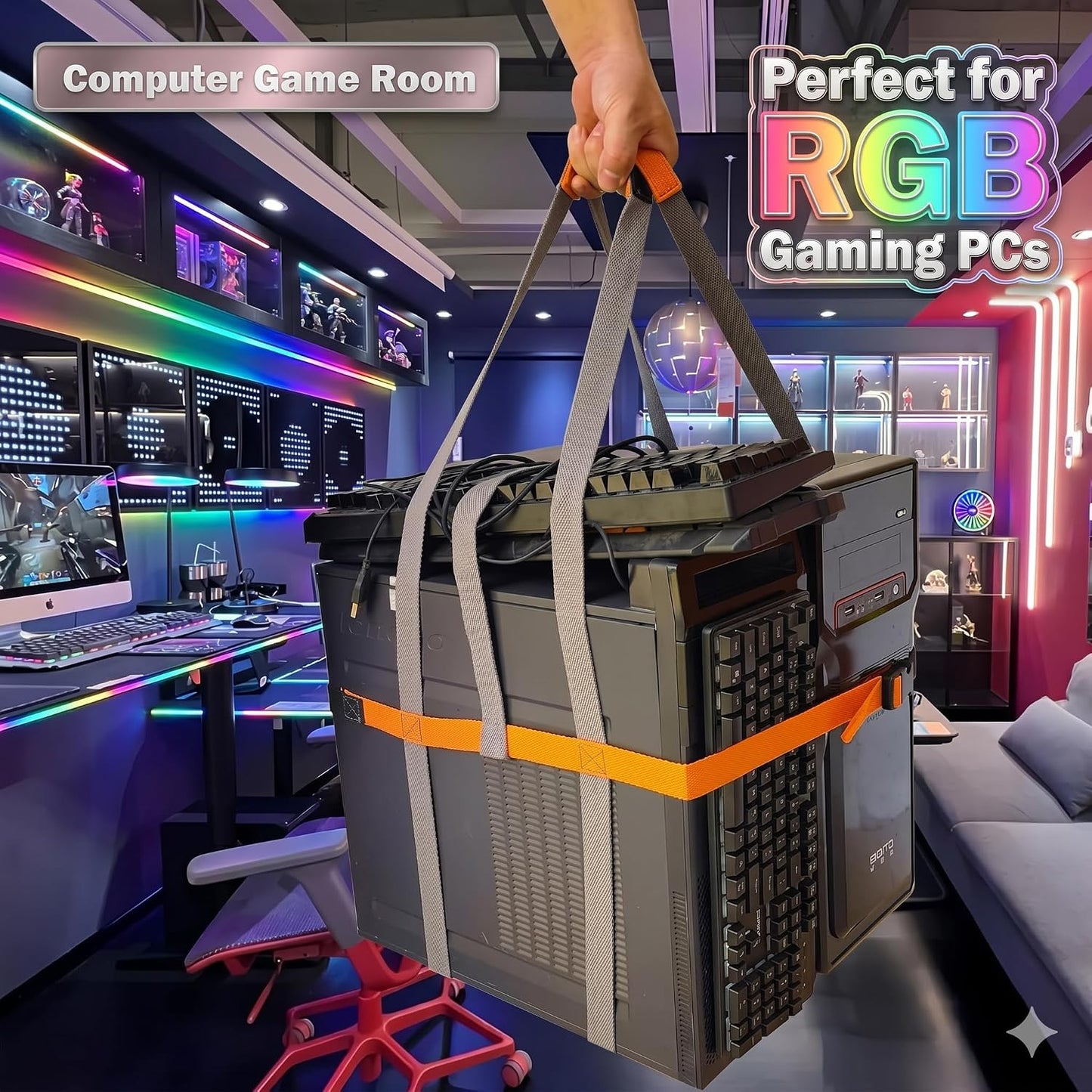 Desktop Computer Tower Carrying Straps, Heavy Duty PC Case Straps for Gaming PC Moving, Adjustable Desktop Carrying Harness for PC Tower Transport, Computer Strap Carry System