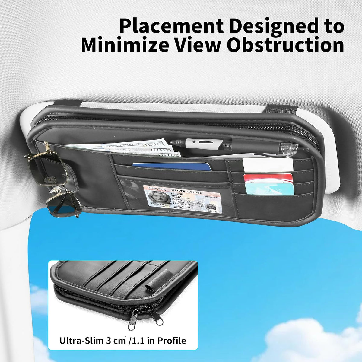 Car Sun Visor Organizer with Multi Pockets PU Leather Zipper Bag