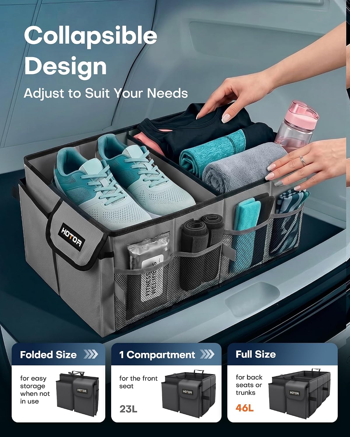 HOTOR Trunk Organizer for Car - Car Organizer, Foldable Trunk organizer for SUVs & Sedans, Sturdy Organization for Car Accessories, Tools, Sundries, Grey, 2 Compartments, 21.3"×12.6"×10.6"