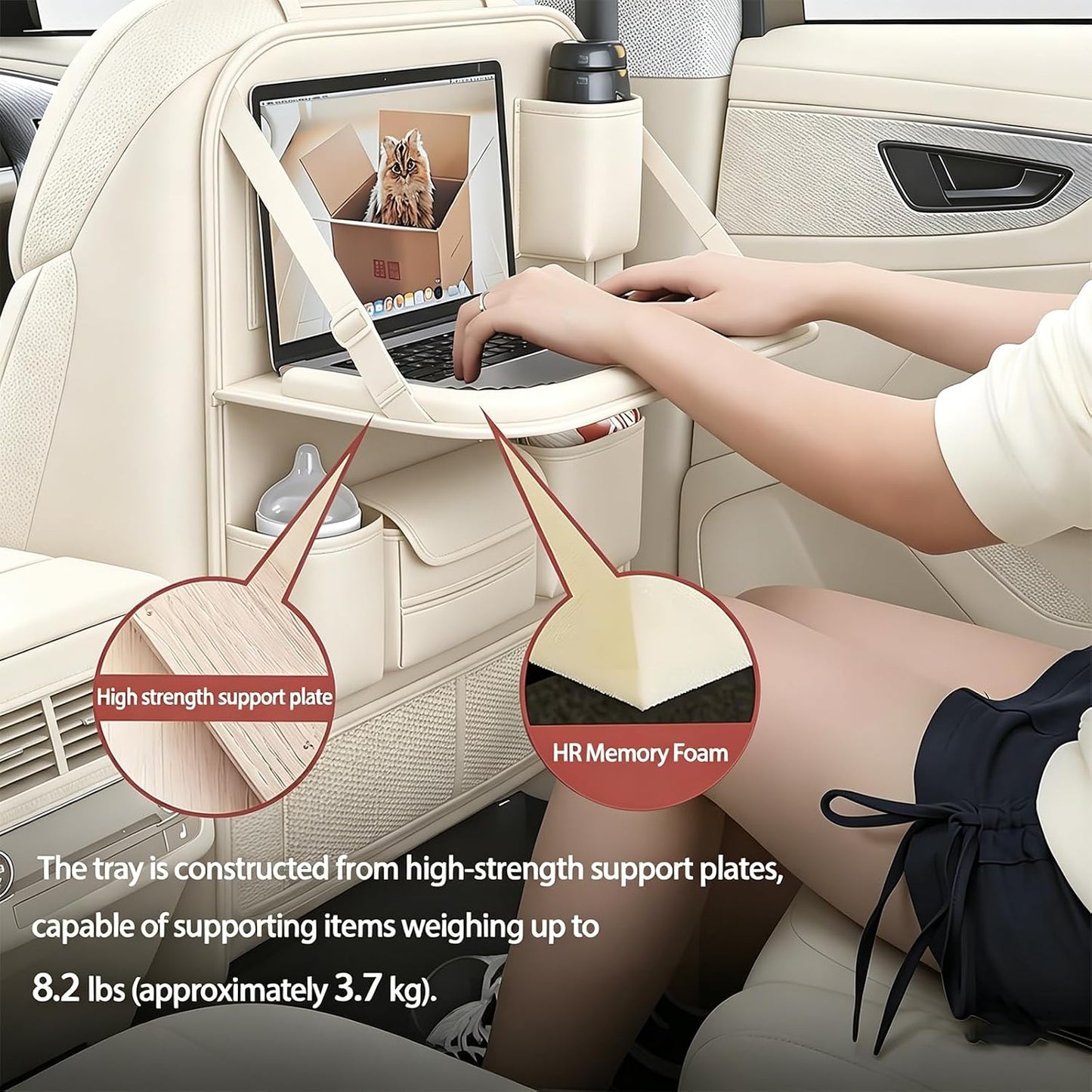 2 Pack Universal Foldable Car Backseat Organizer with Table Tray, Car Seat Back Protector with Touch Screen Phone Holder, Premium Leather Kick Mats with Storage Pockets Tissue Holder (Beige)