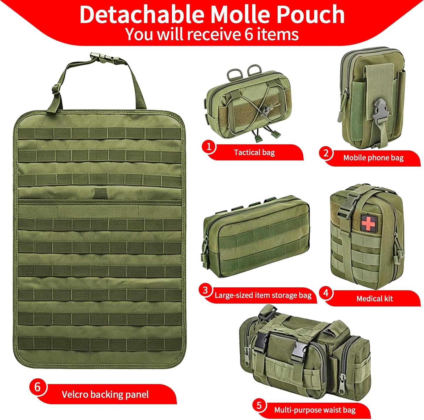 Tactical Car Seat Back Organizer with 5 Detachable Molle Pouches, 600D PU Waterproof Vehicle Seat Back Storage Bag, Universal Fit for Car, SUV, Truck, Pickup, Truck (Green)