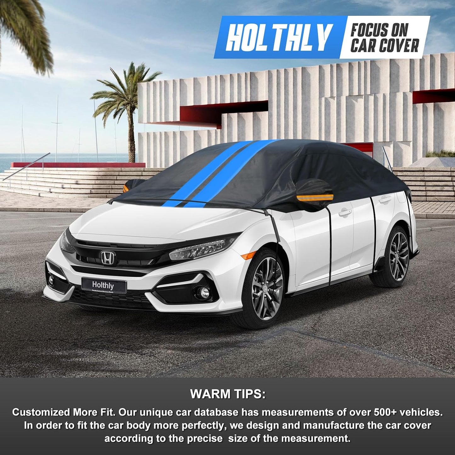 Half Car Cover Top for Sedan/Coupe/Cabrio, Windshield Cover for Ice and Snow, Roof Car Cover Waterproof All Weather with Reflective Strips and Side Elastic Hooks. H2 (Up to 128 inch)