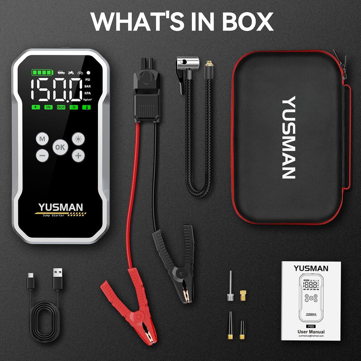 YUSMAN Jump Starter with Air Compressor, 8000A 160PSI Battery Booster Pack