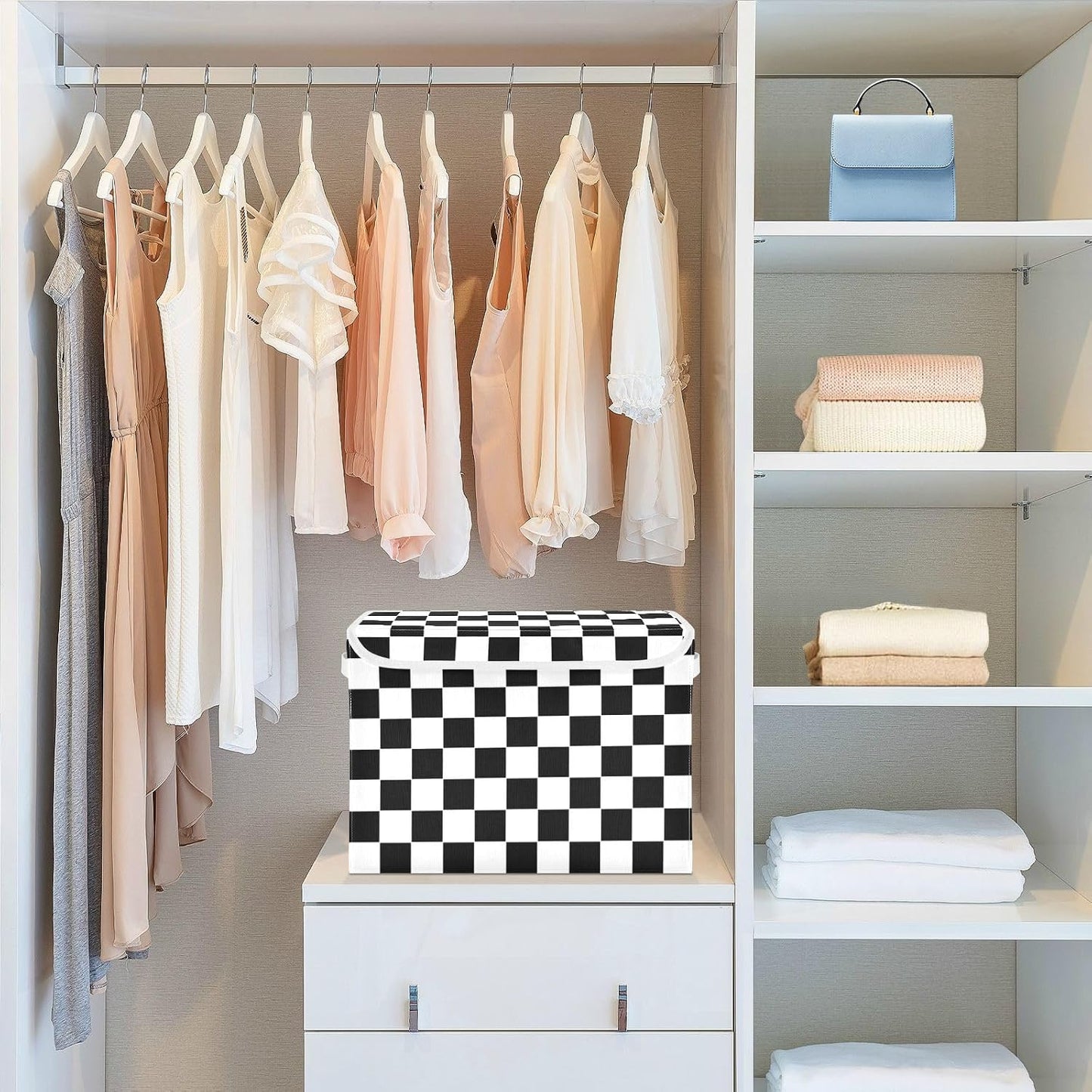 CaTaKu Large Fabric Storage Bins With Lids,Checkered Racing Flag Storage Boxes With Handles for Organizing Clothes, Collapsible Decorative Storage Cube Bins Baskets for Shelves