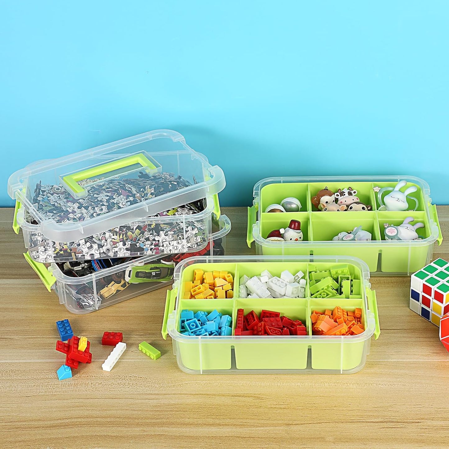 JUXYES 4-Tiers Plastic Stack Carry Storage Containers Box wih Handle Lids | Clear Stackable Latching Storage Bin With 2 Tray for School Office, Organizing Sewing, Art Craft, DIY Supplies, Green