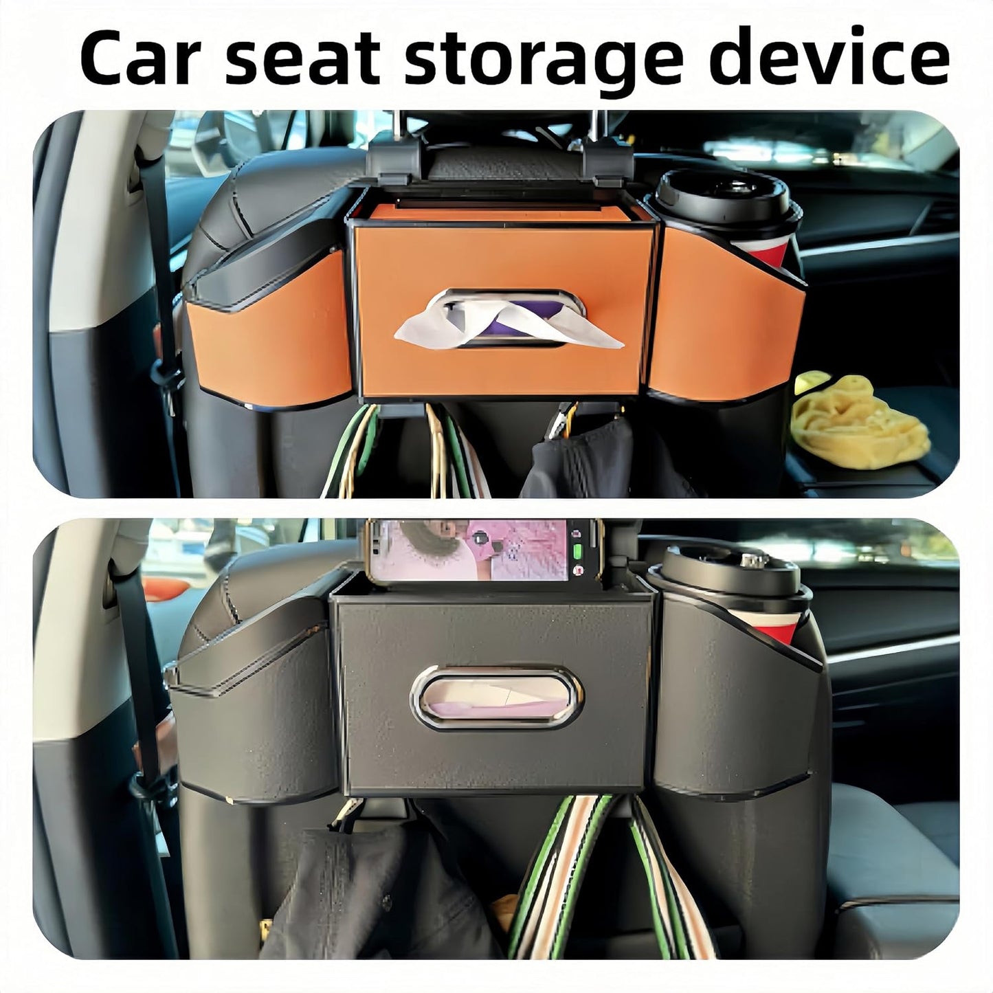 2026 Upgrade 4-in-1 Car Organizer Back Seat, Leather Multifunctional Car Organizer and Storage Box with Cup Holders for Hold Phone, Snacks, Drinks, Handbag, Keep Your Ride Clean & Organized (Black)
