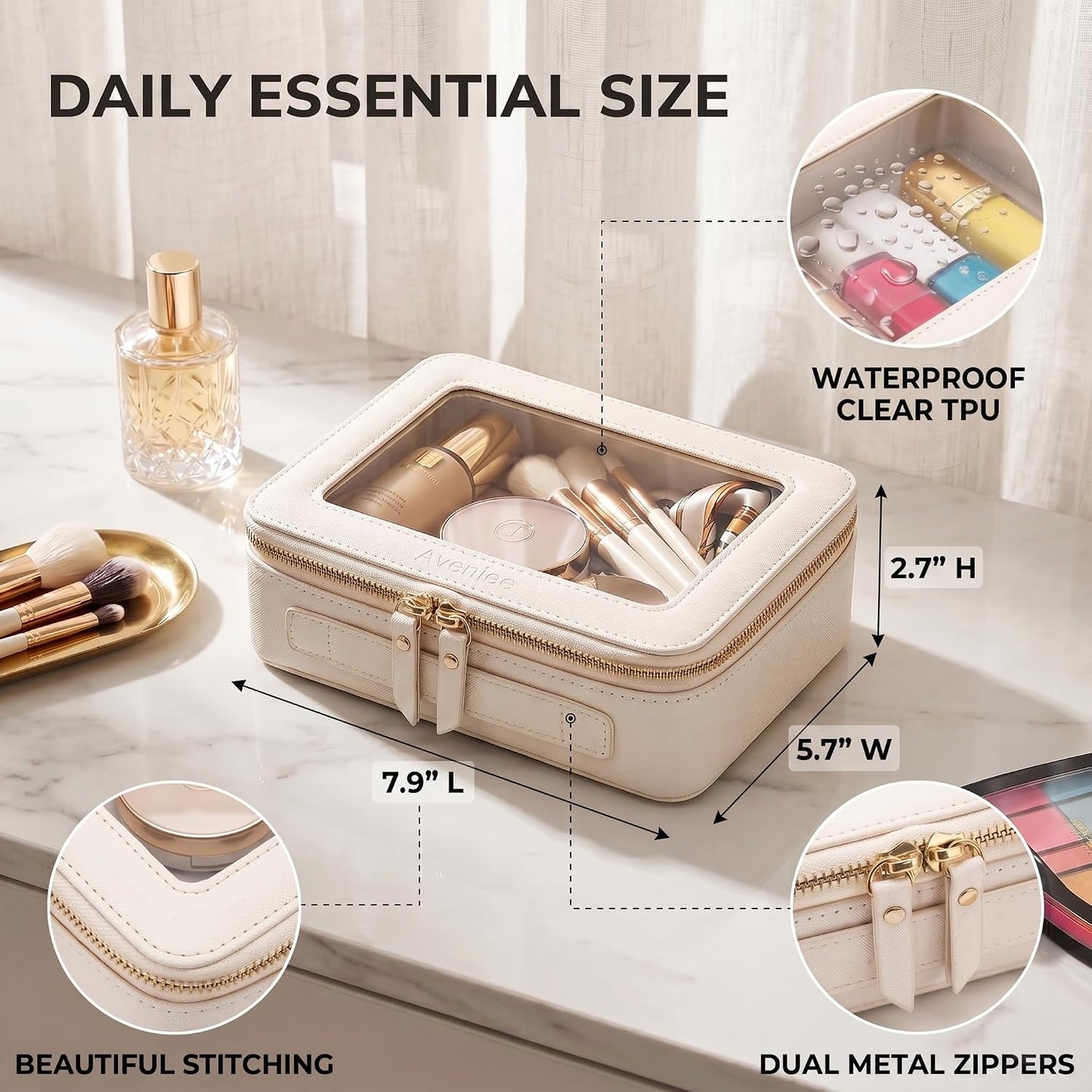 Aveniee Clear Makeup Bag Organizer, Travel Toiletry Bag Cosmetic Case for Women, Make Up Skincare Pouch Car Organizer Bag with Zippers for Essentials,White,Medium Classic