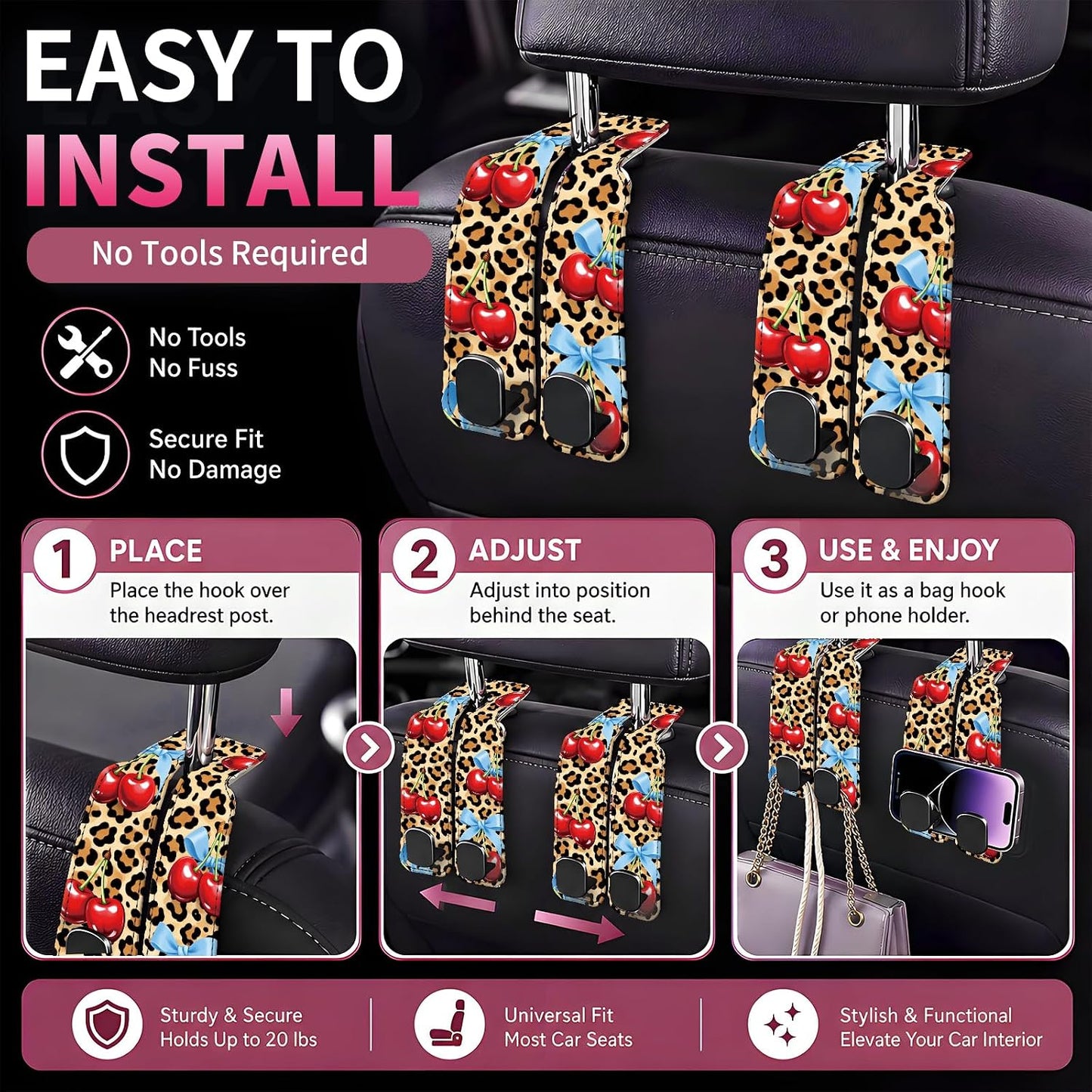 Car Seat Back Storage Hook, Funny Car Purse Hook, Cute Vehicle Storage Organizer for Purses Handbags Cute Leopard Bowtie Cherry