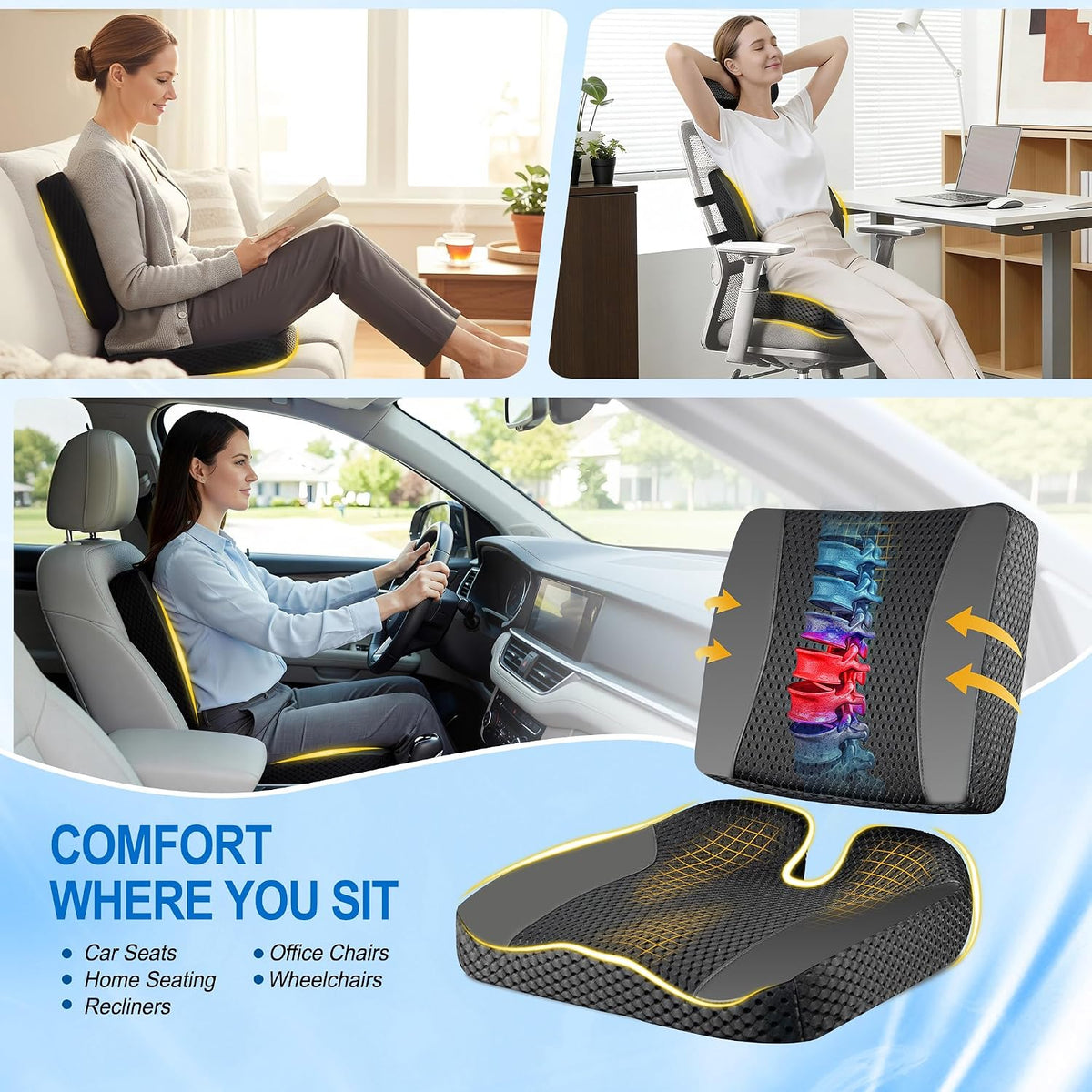 Lofty Aim Car Seat Cushion with Back Support, Lumbar Support Pillow Set