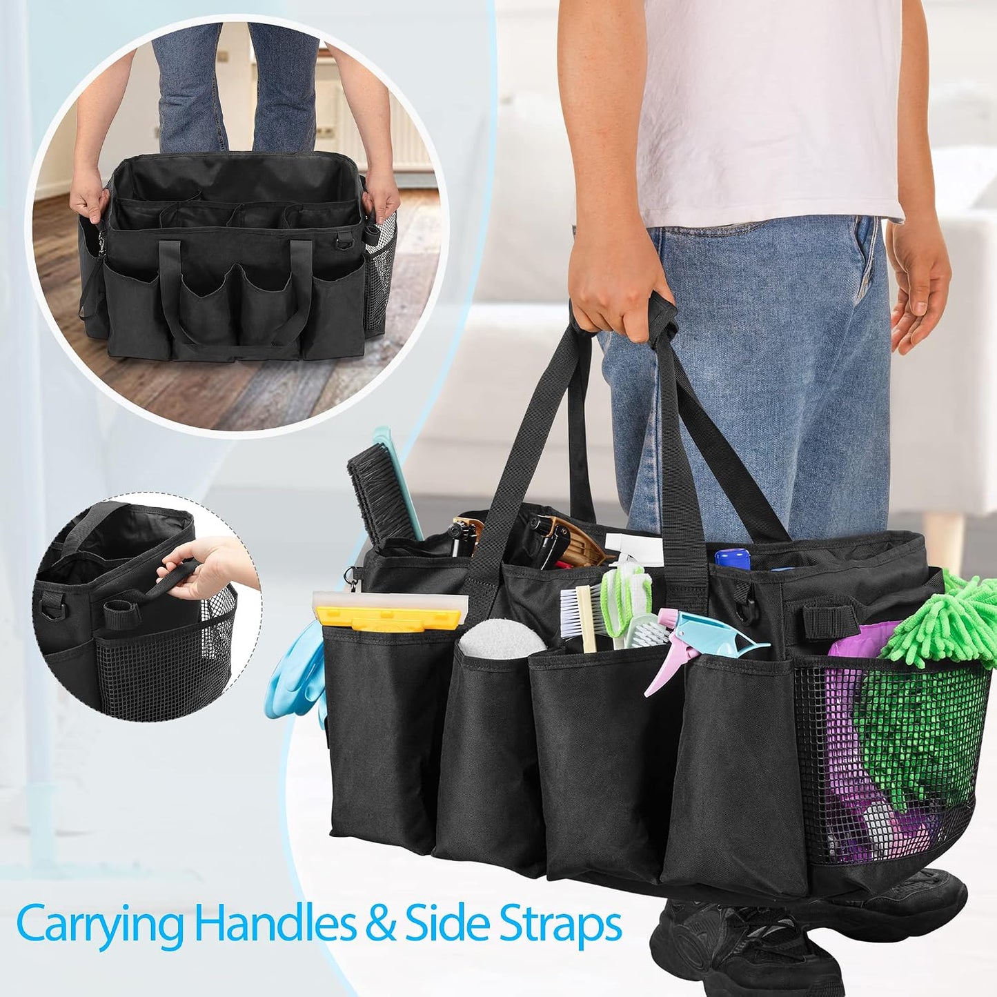 HODRANT Extra-Large Cleaning Caddy with Handles & Multi Pockets | Large Capacity Tote Bag for Cleaning Tools & Products Storage, Cleaner Organizer for Car, Home & Housekeeping Work, Black