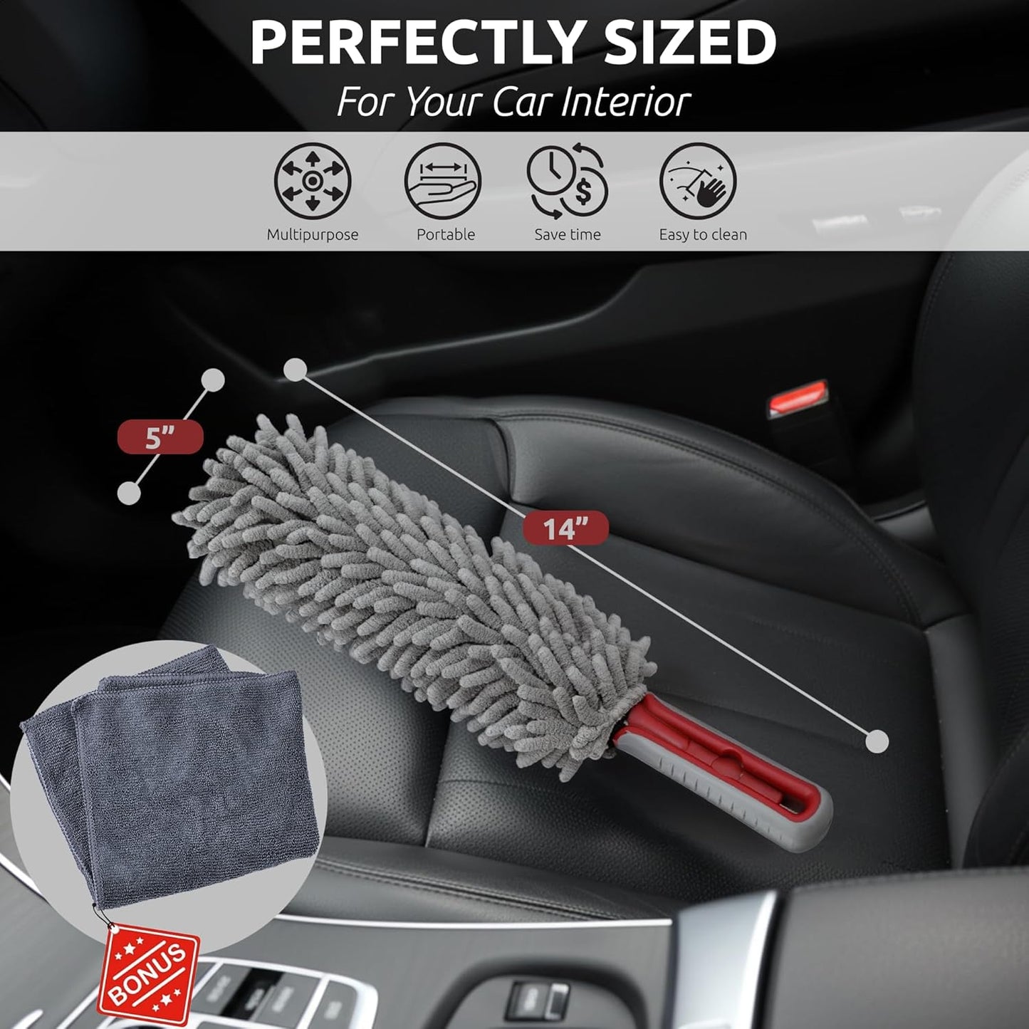 TAKAVU Car Duster Interior, 360° Microfiber Fingers, Lint & Scratch Free | Unbreakable Comfort Handle Duster, Includes Microfiber Towel, Lint-Free & Safe for Car & Home Interior, Gray