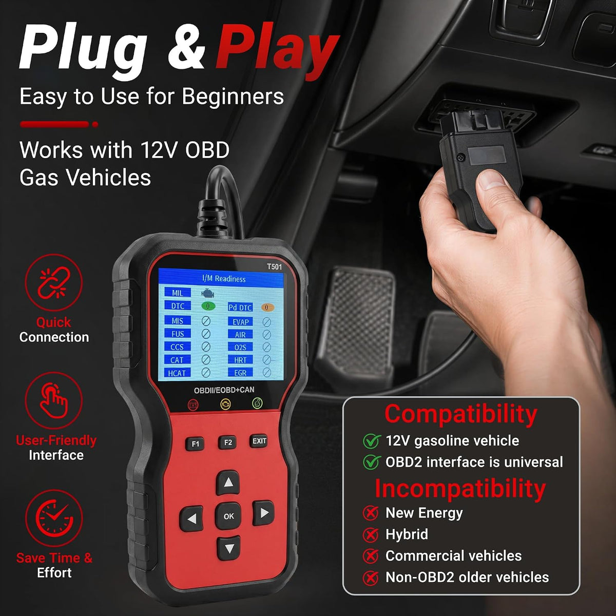 T501 OBD2 Scanner with Battery Tester, Check Engine Fault Code Reader