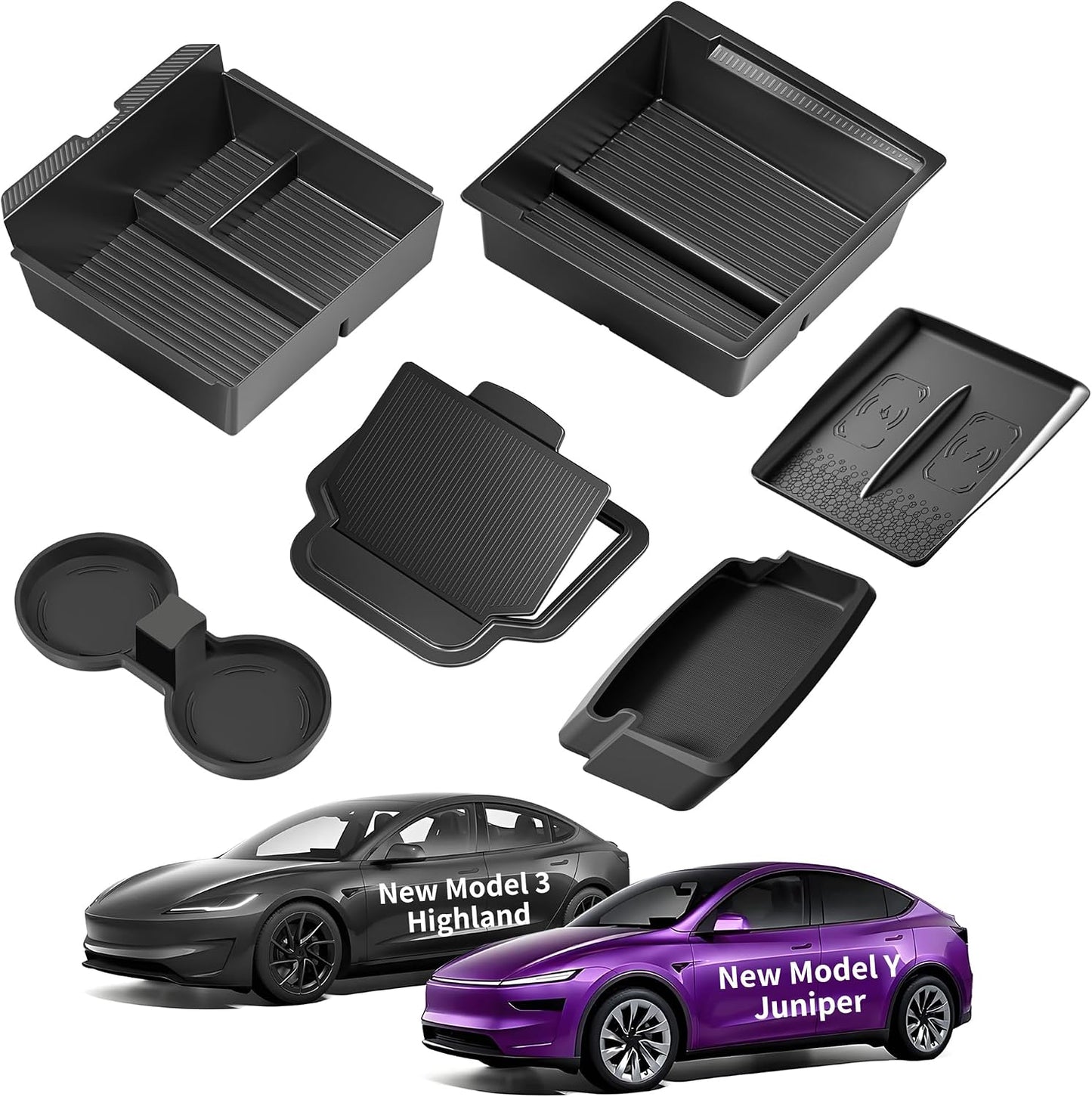 8PCS Center Console Organizer for Tesla Model Y Juniper Accessories 2026 2025 & for Tesla Model 3 Accessories 2024-2026 [Slide Smoothly & US Patent] Charging Pad Sunglasses Cup Holder Black