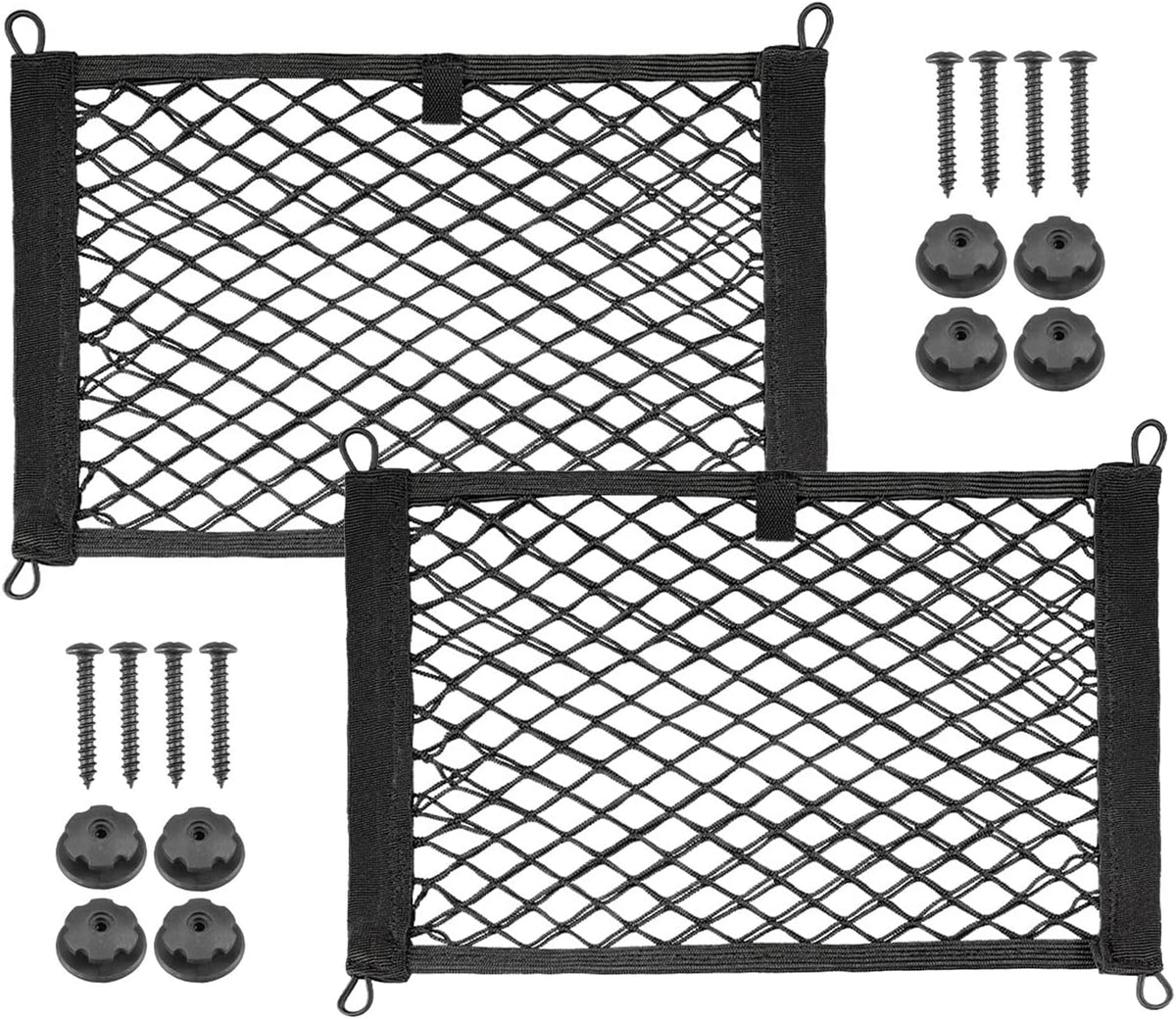 2 Pack Universal Mesh Cargo Net，BetterJonny Stretchable Elastic Automotive Cargo Nets with 8 Pieces Mounting Screws and Hooks for Car Trunk Storage Mesh Pocket Net(24 x 9.8 Inches)