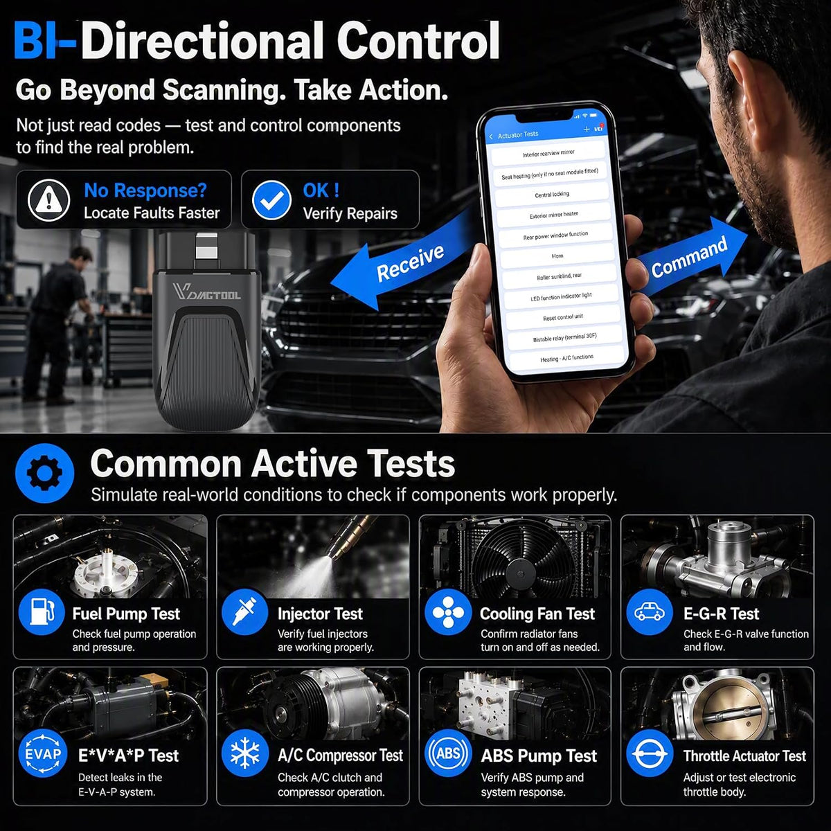 VDIAGTOOL D200 Bluetooth OBD2 Scanner with Bidirectional for iOS & Android