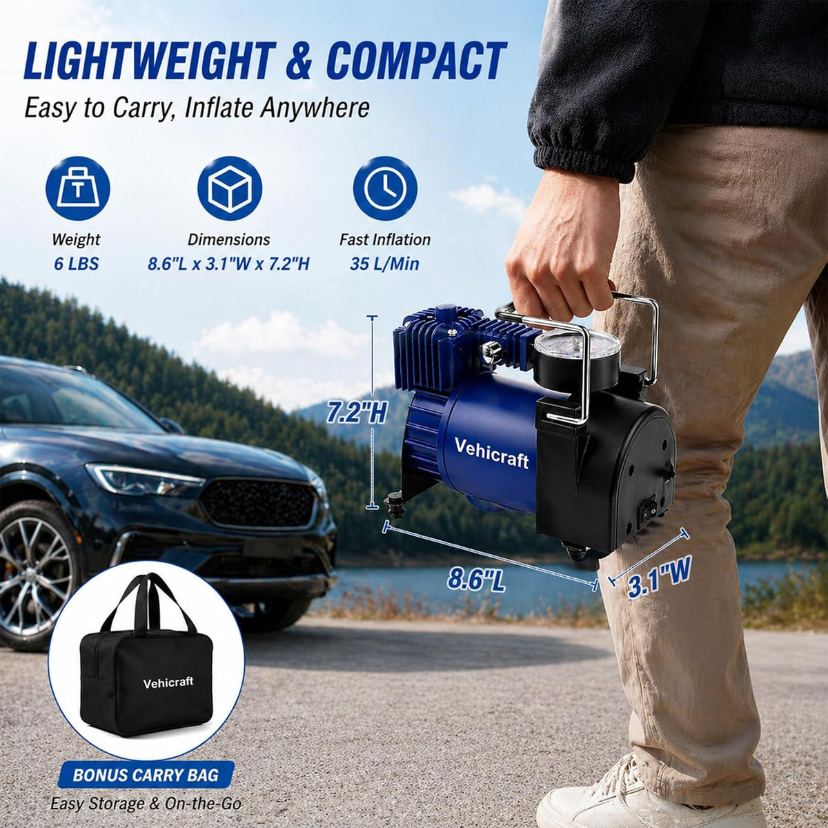 Tire Inflator Portable Air Compressor up to 150 PSI, 12V Portable Air Pump with Portable Bag, Metal Air Pump for Bicycle, Motorcycle, Car, SUV, Blue