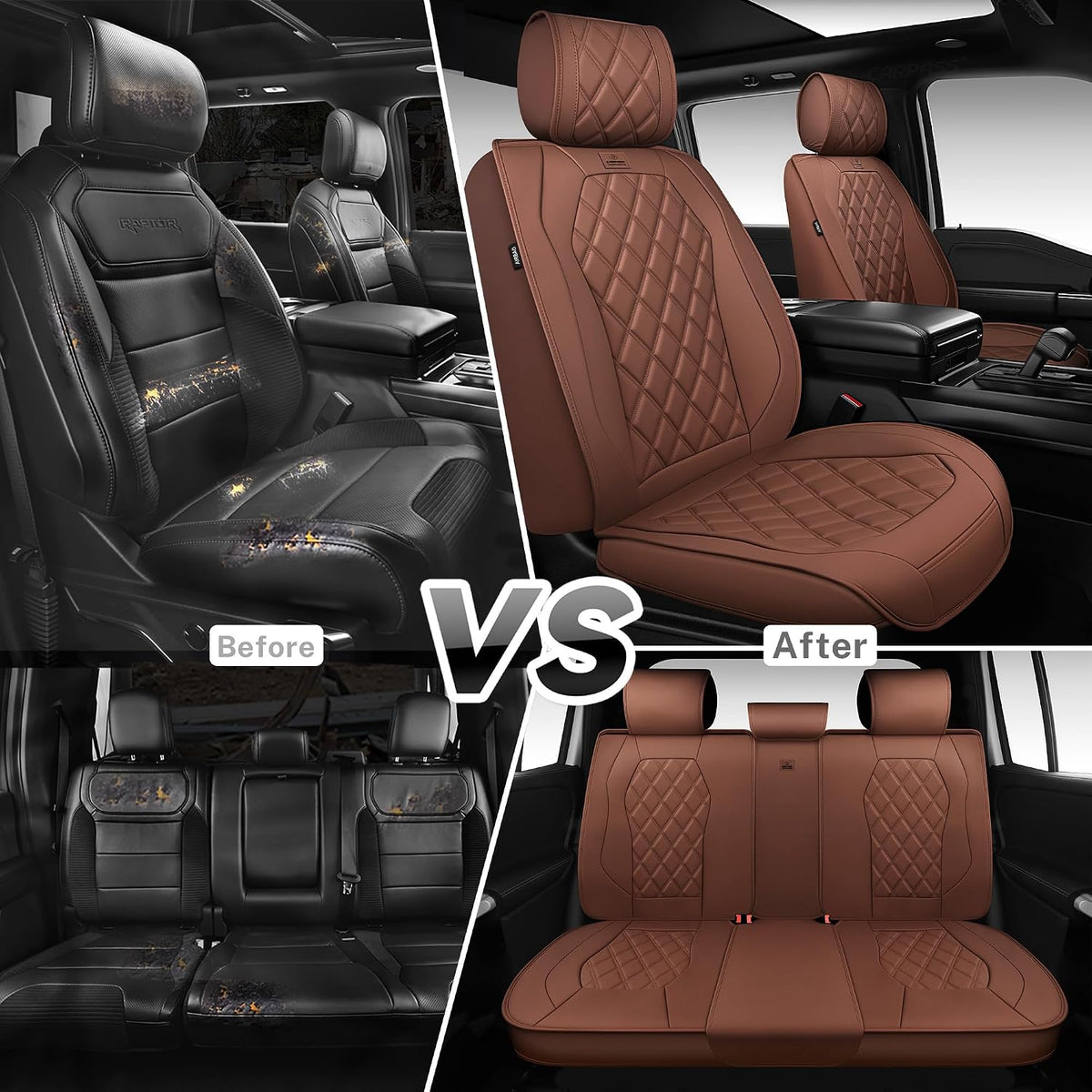 CAR PASS Luxury Nappa Leather Seat Covers Full Set, 3D Rhombus Waterproof Faux Leather Seat Covers, Universal Automotive Seat Cushion Fit for Most Sedan SUV Truck Van, Airbag Compatible Brown