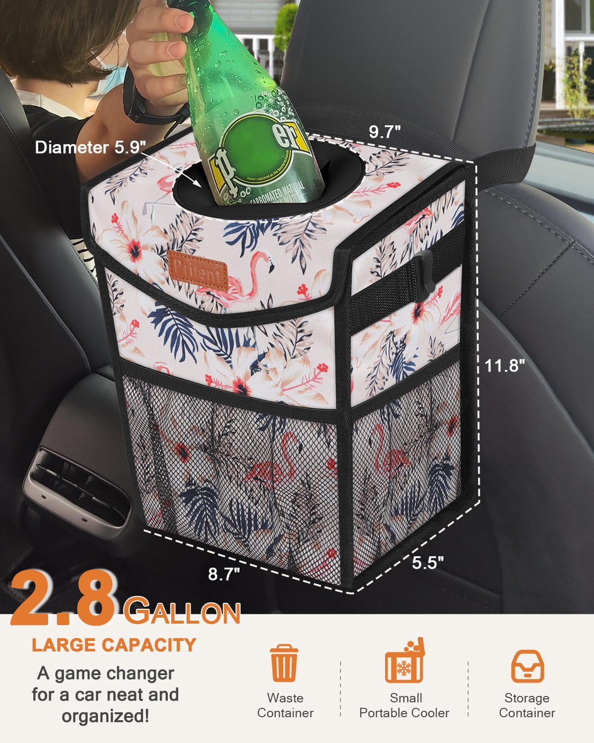 Pritent Car Trash Can with Lid Leakproof Car Garbage Bag Vehicle Trash Bin