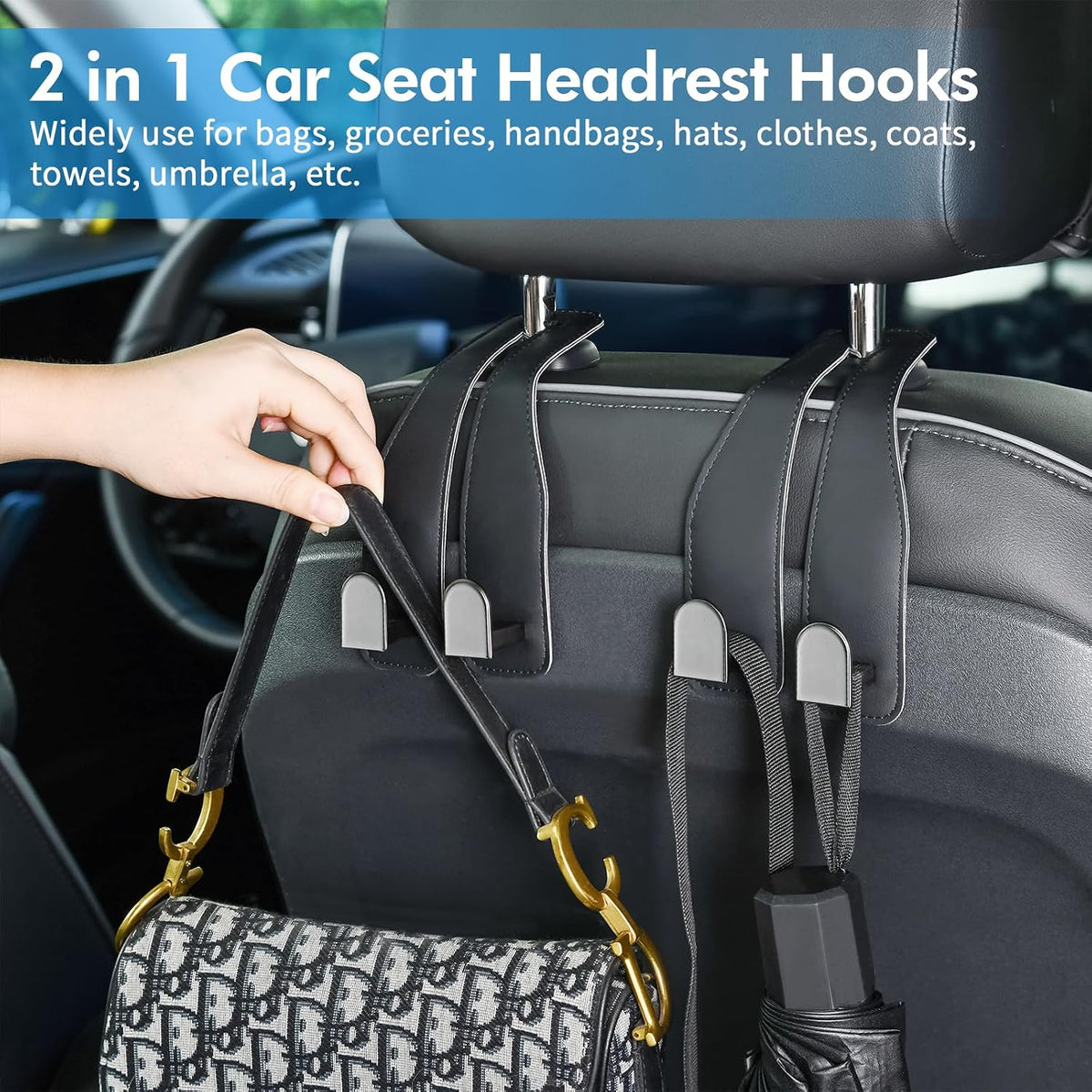 Car Hooks for Headrest, Leather Car Seat Back Storage Organizer Interior Accessories, More Wide & Deep Auto Seat Hook Hangers for Purse Umbrellas Handbag Clothes Coats Grocery Bags (Black-4 Pack)