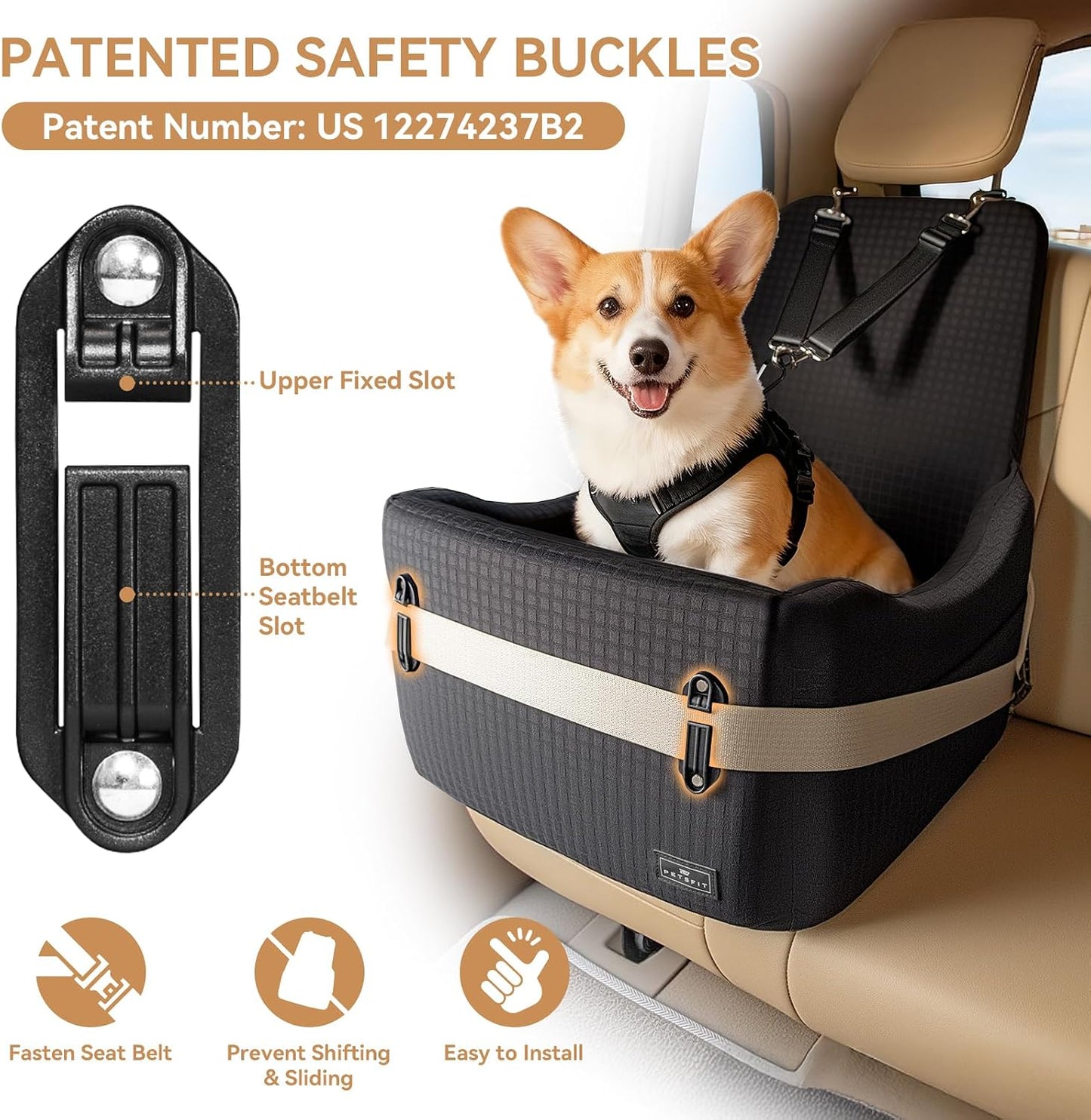 PETSFIT Dog Booster Car Seat for Small/Medium Dogs Up to 35 lbs – Patented Safety System, 5" Memory Foam Pet Car Seat, Fully Detachable and Washable Cover, Front/Back Seat Travel Booster (Black)