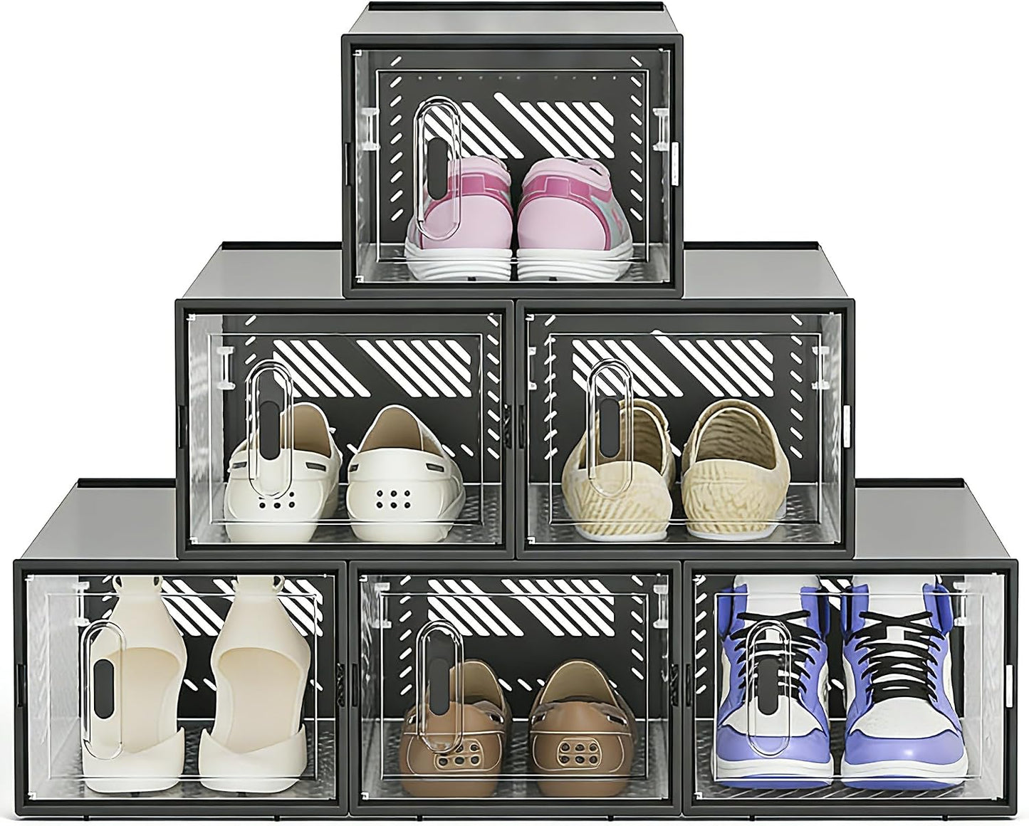 6-Pack Clear Plastic Stackable Shoe Storage Boxes for Sneakers, Boots, for Entryway, Living Room, Bedroom, Garage, Car Trunk, as Shoe Rack Substitute and Display Case for Small Space Organization