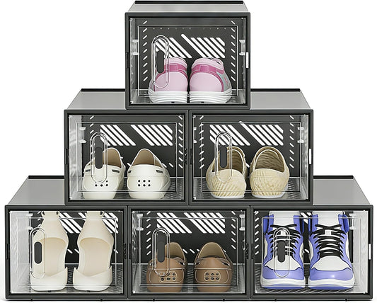 6-Pack Clear Plastic Stackable Shoe Storage Boxes for Sneakers, Boots, for Entryway, Living Room, Bedroom, Garage, Car Trunk, as Shoe Rack Substitute and Display Case for Small Space Organization