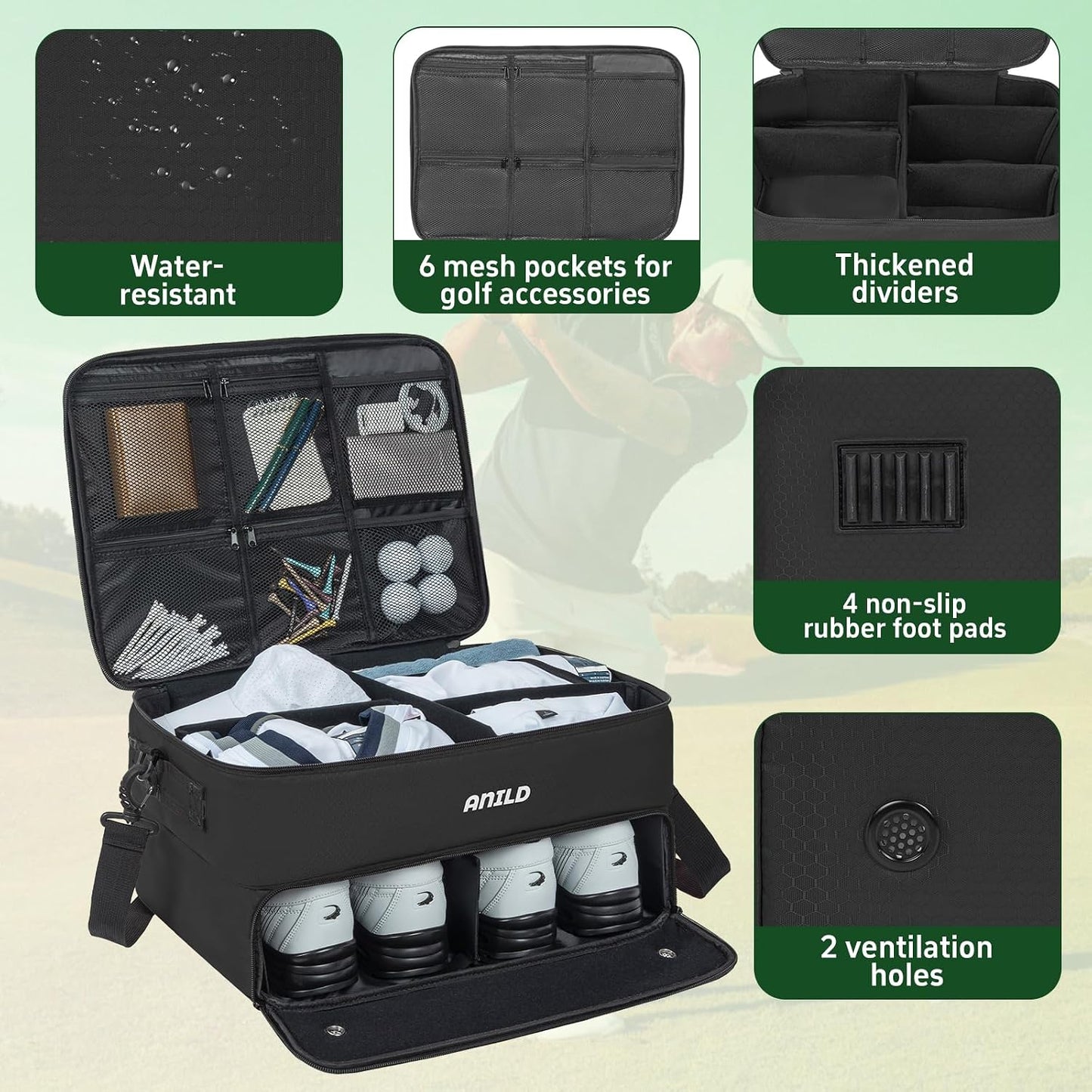 ANILD Golf Trunk Organizer, 2 Layer Golf Storage Case with Separate Ventilated Compartment for 2 Pair Shoes, for Balls, Tees, Clothes, Gloves, Accessories, Golfer Gifts