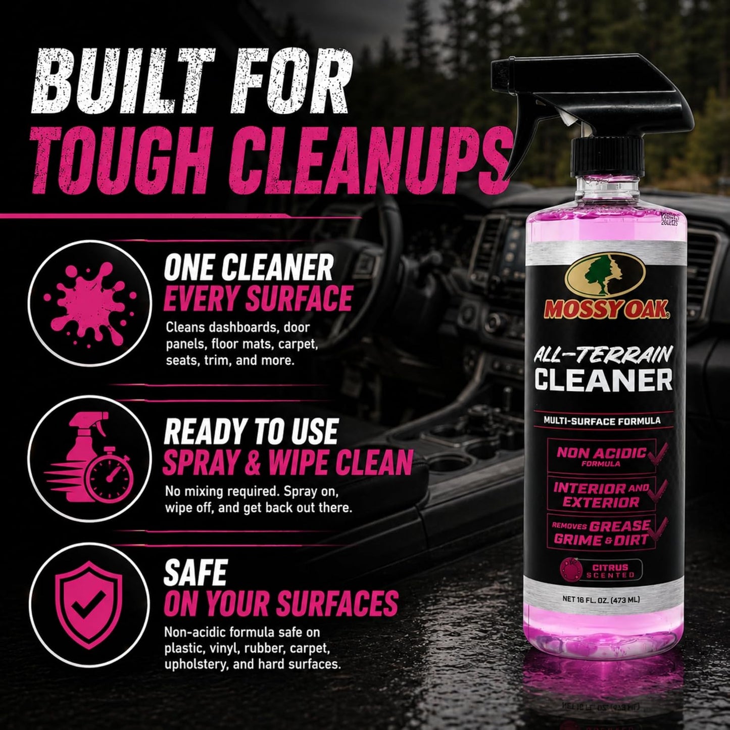 Mossy Oak All-Terrain Cleaner, All-Purpose Interior and Exterior Spray for Trucks SUVs Cars Jeeps UTVs & ATVs, Cleans Plastic Vinyl Rubber Carpet Upholstery & Hard Surfaces, Made in USA, 16 oz
