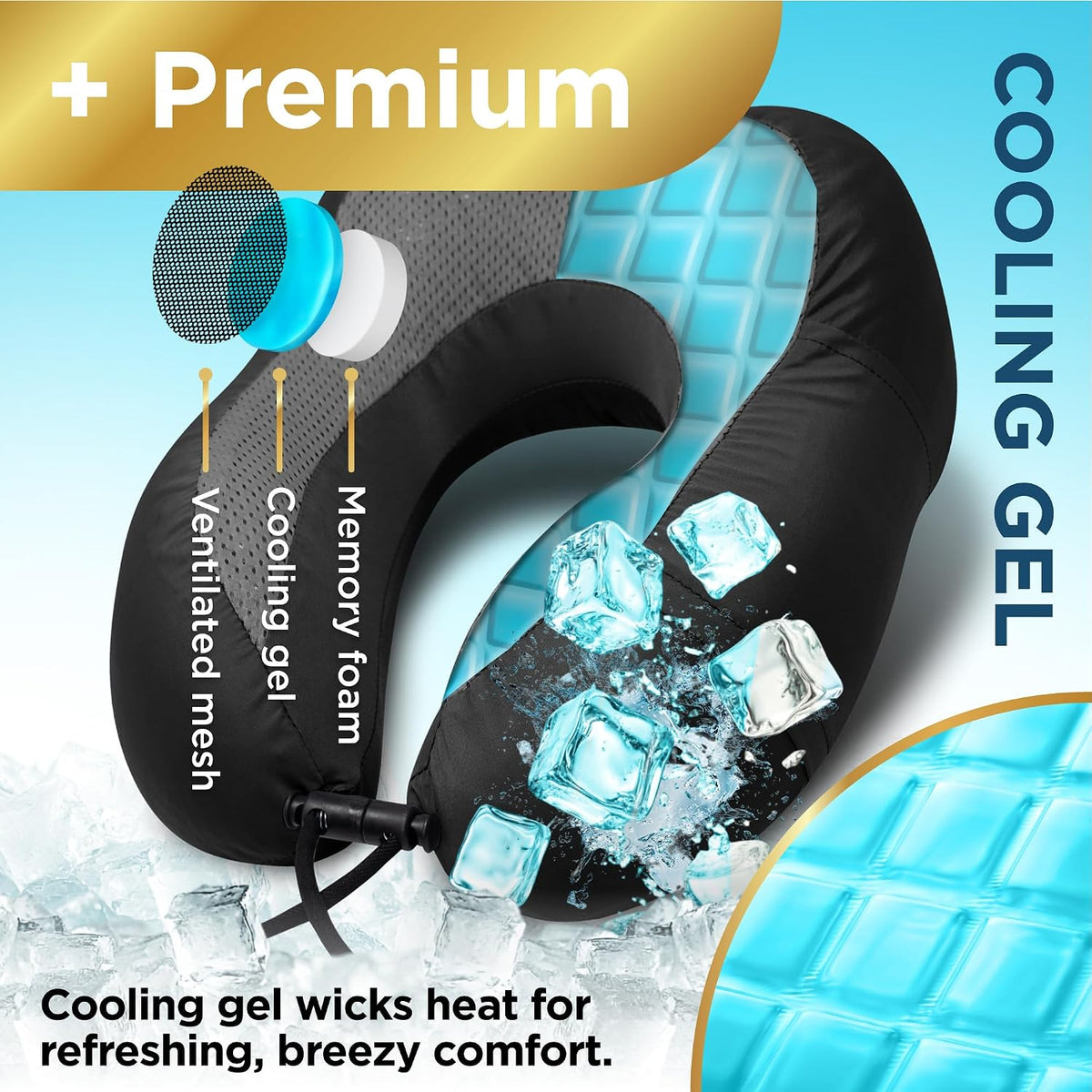 BLACK+DECKER Cooling Gel Memory Foam Neck Pillow – Travel Pillow for Plane, Car &amp; Train – Ergonomic Neck Support, Slow Rebound Memory Foam, Washable Cover, Universal Fit, Black