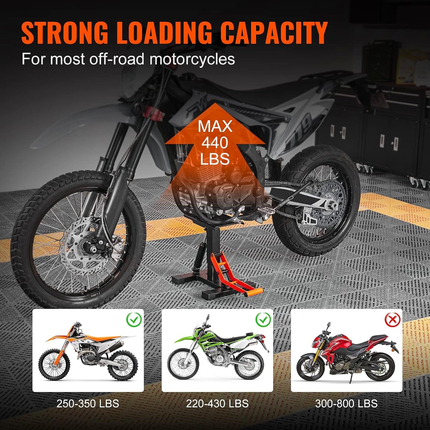 VEVOR Dirt Bike Lift Stand, Motorcycle Jack Lift Stand 440 lbs Capacity and Hydraulic Lift Operation, Adjustable Height Hoist Table, for Dirt Pit Bike Repair, Maintenance, Dirt Bike Accessories