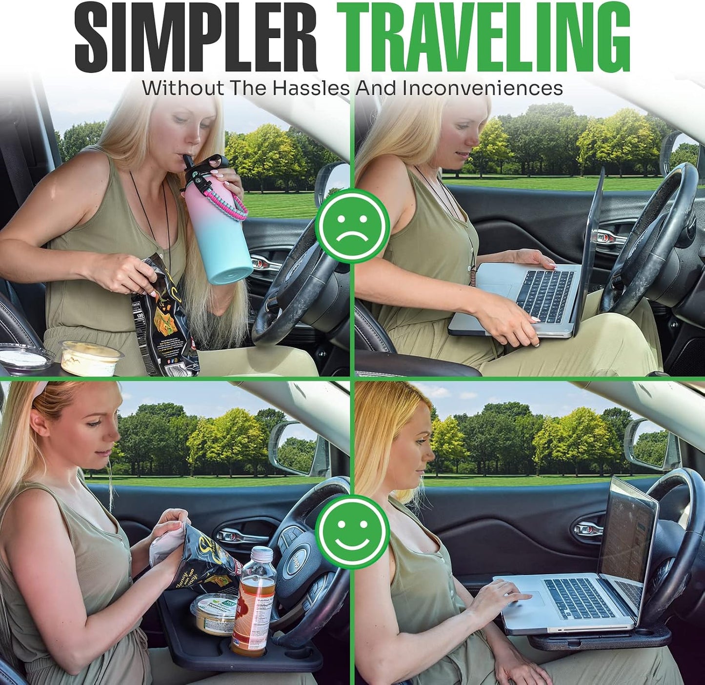 lebogner Steering Wheel Tray, Car Tray for Eating, Hook On Steering Wheel Desk for Food, Laptop and Car Accessories, Car Road Trip Must Haves Gadgets Car Table (Beige, with Tablet Slot)