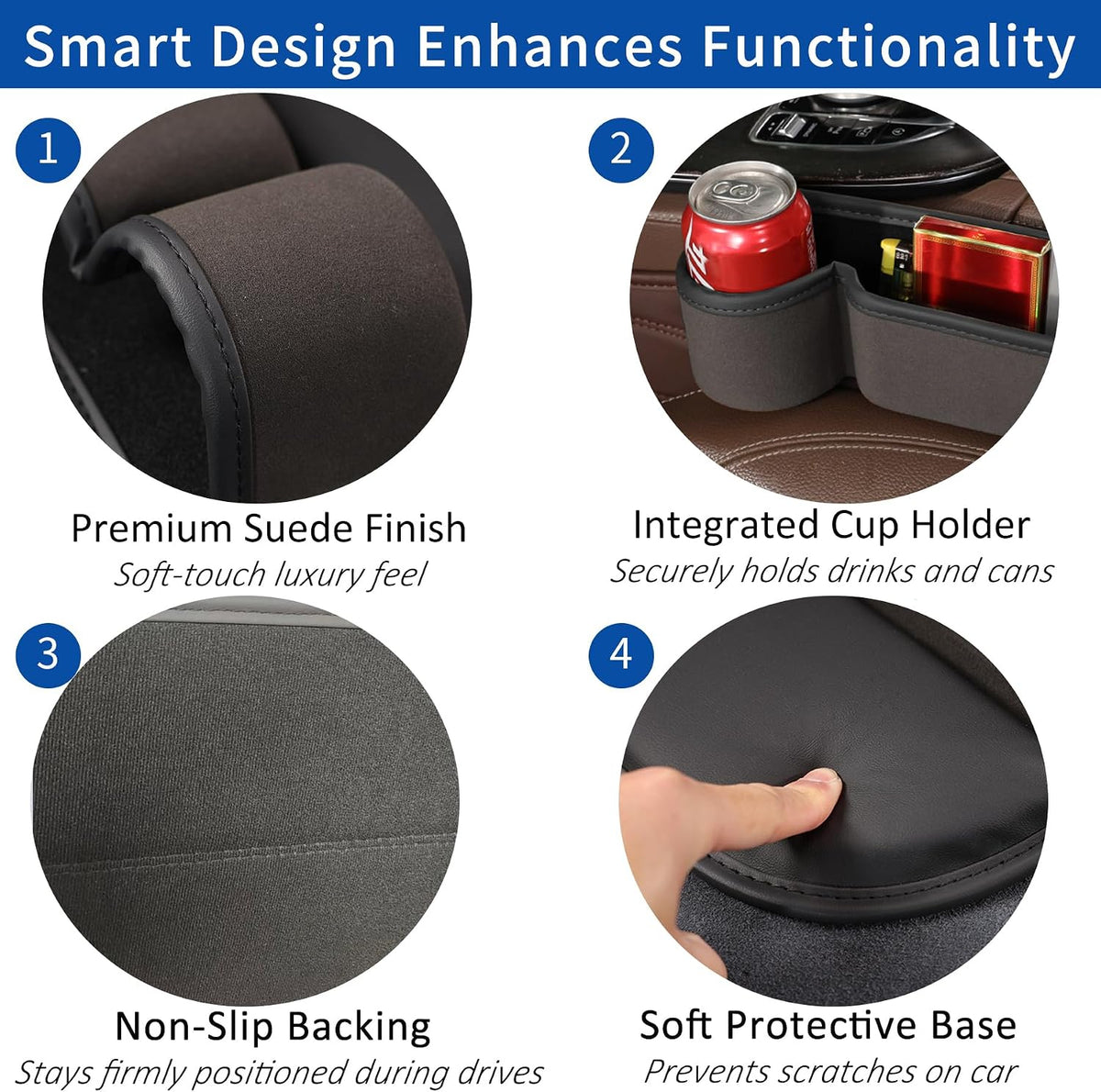 2 Pack Car Seat Gap Filler with Cup Holder, Suede Car Seat Gap Plug with Storage Slot for Filler Between Car Seat and Console, Universal Fit Sedans, SUVs, MPVs, Most Vehicles (Black)