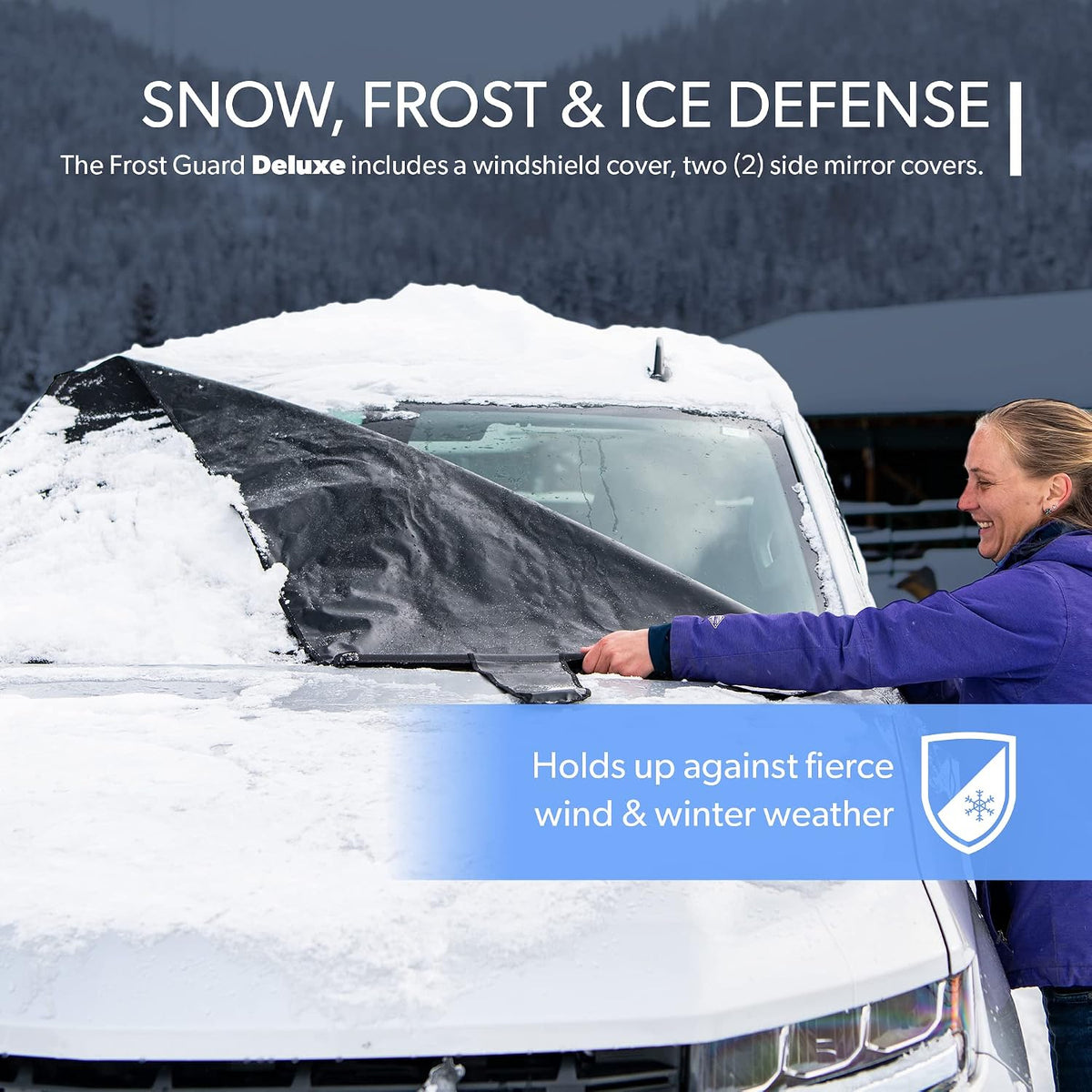 FrostGuard Deluxe | Full-Coverage Car Windshield Cover for Ice and Snow, XL Size - Wiper Blade + Side Mirror Coverage - Fit-Fast Straps + Security Panels - Black, 41 x 68 Inches