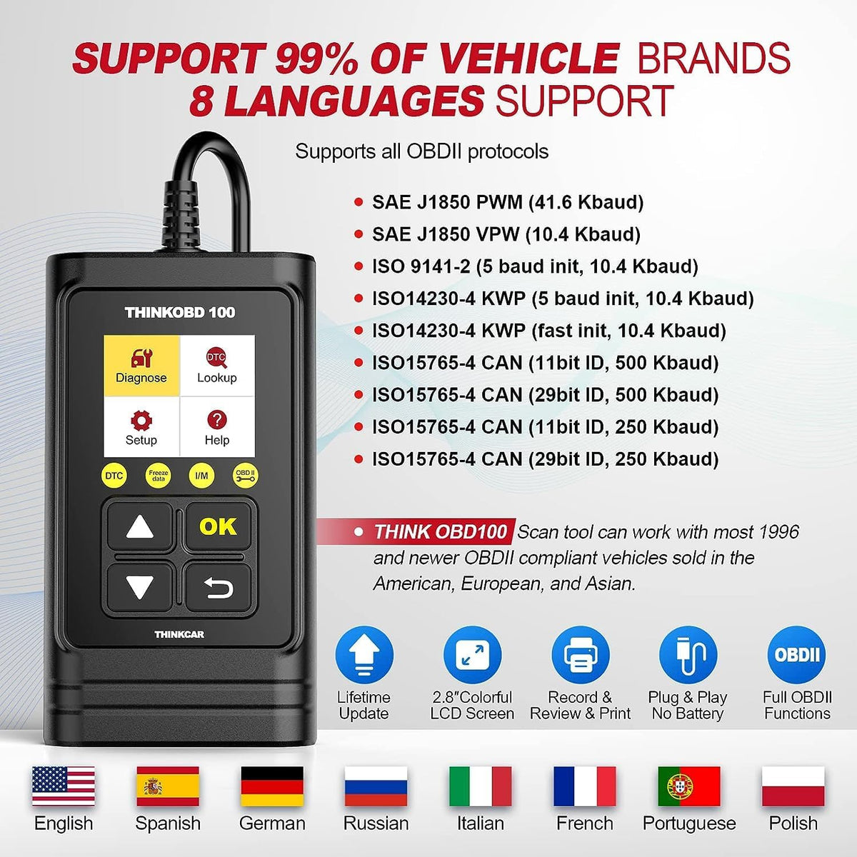 THINKCAR OBD2 Car Scanner, THINKOBD100 Check Engine Fault Code Reader with Full OBD II Functions, O2 Sensor, CAN Diagnostic Scan Tool for All Cars Since 1996