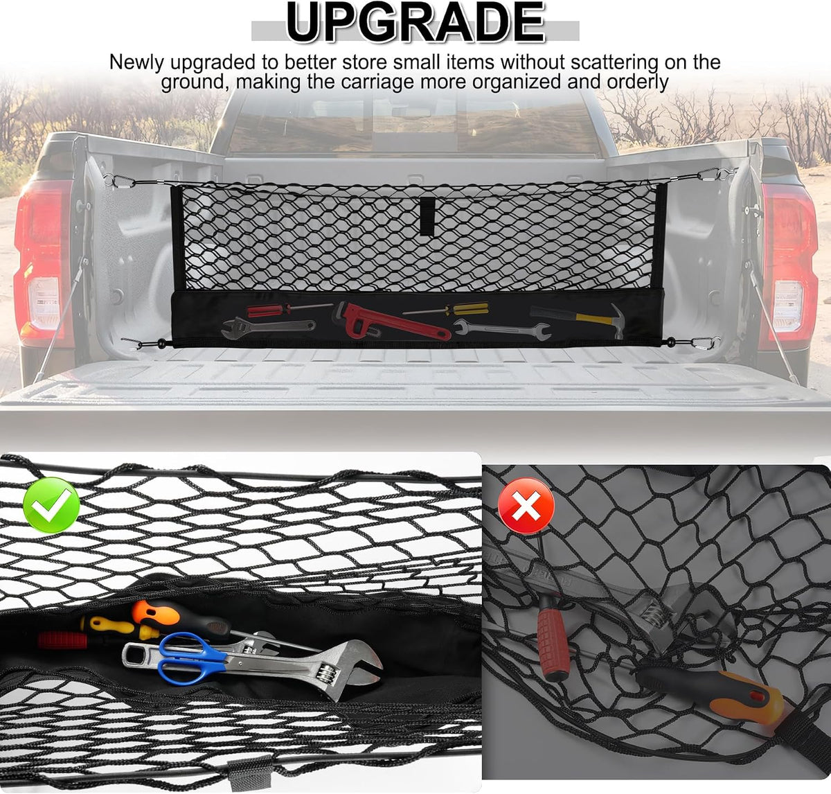 Amiss Truck Bed Cargo Net with Bottom Organizer, Compatible with 2024 2025 2026 Chevy Traverse, Portable Storage for Pickup Cargo and Heavy Duty Hook, Exterior Accessories for Car SUV Truck