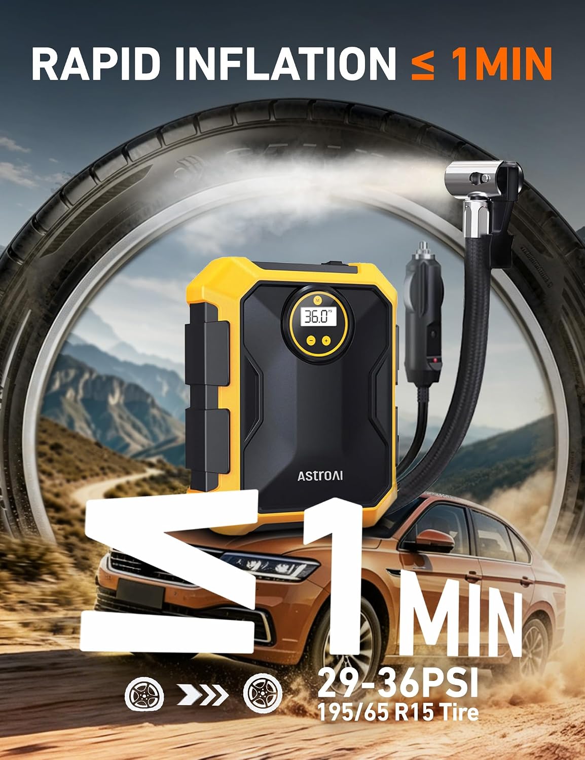 AstroAI Tire Inflator Portable Air Compressor 12V DC Integrated Storage