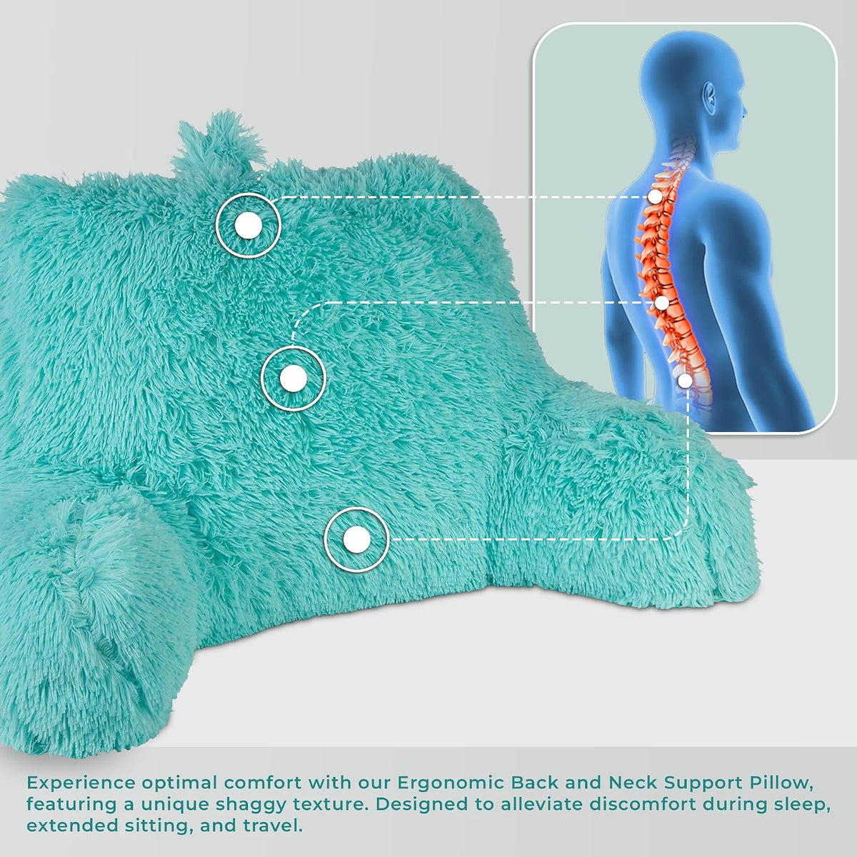 Klear Vu Shaggy Reading Pillow Back Rest Body Pillow for Adults and Kids, Lumbar and Arm Support on Bed, Chair, Couch, Sofa and Floor, 30" x 21", One Size, Aqua