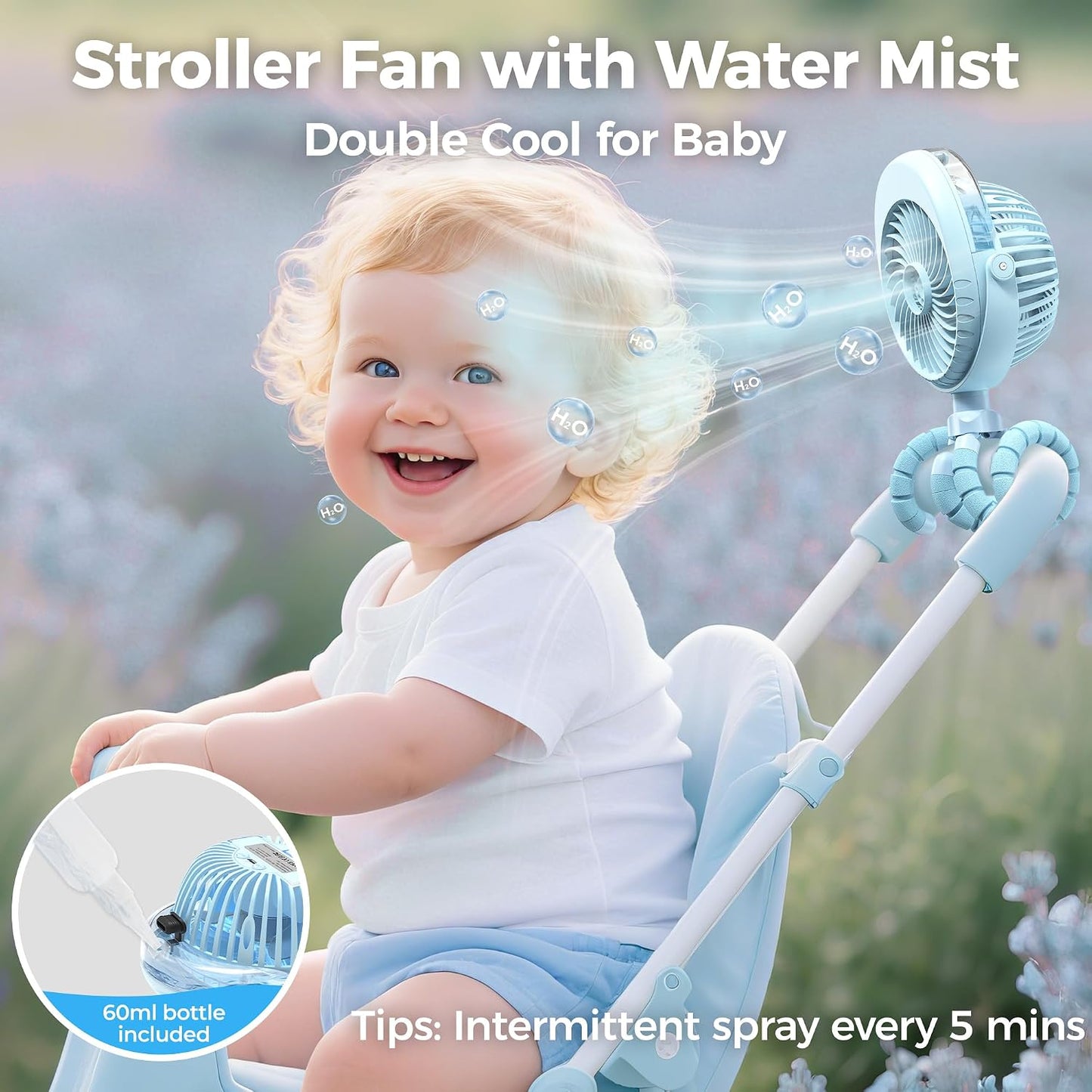 2026 Upgraded Misting Baby Stroller Fan Rechargeable, Flexible Tripod Clip for Car Seat Crib, Baby Shower Gifts & Baby Registry Search, Newborn Essentials for Beach Travel, Disney Summer Essentials
