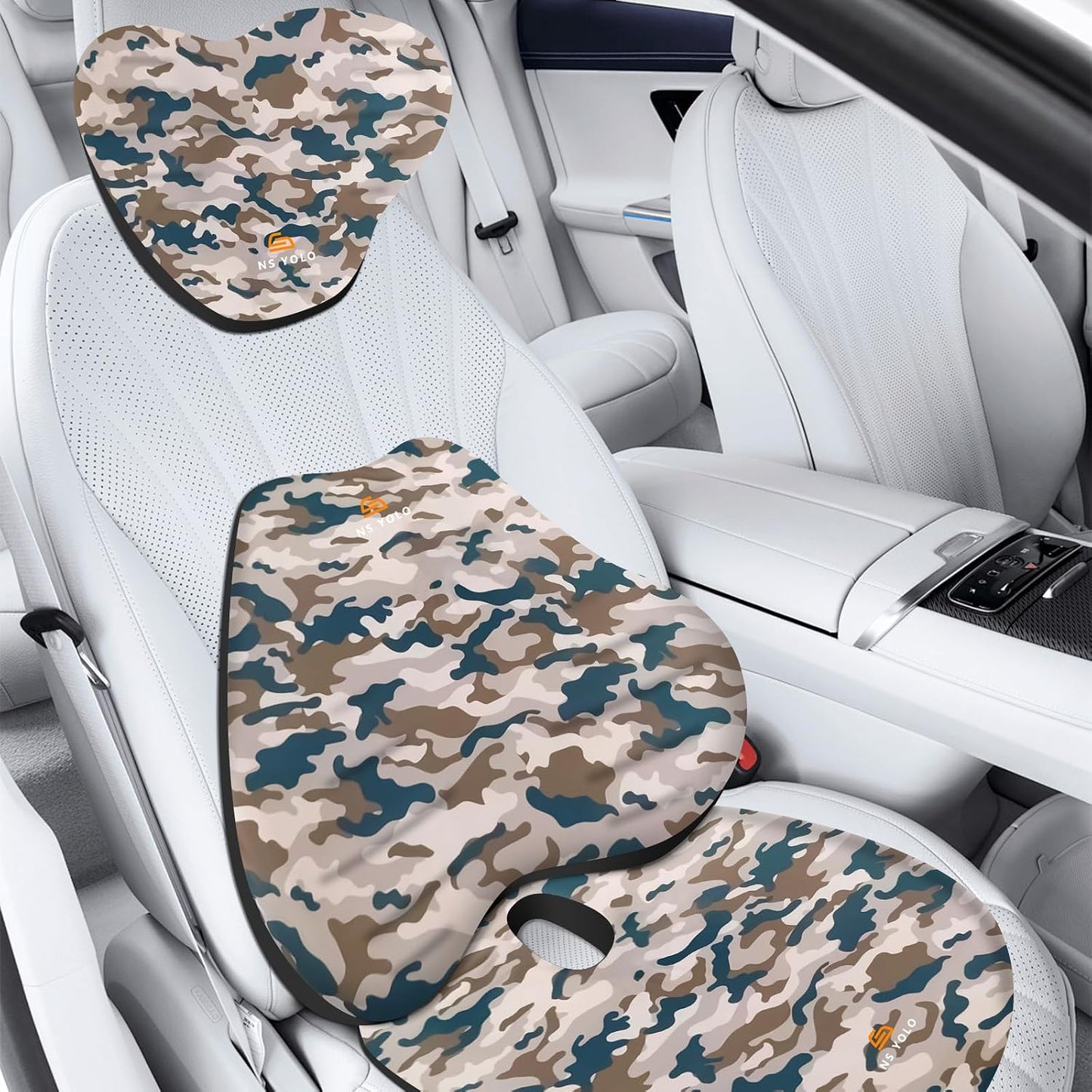 NS YOLO Ergonomic Car Seat Cushion with Comfort Memory Foam Neck Pillow, Car Pillow,Lumbar Support and Big Size Soft Seat Cushion for Driving Seat,Office Chair and Wheel Chair (CAMO-3 pcs)