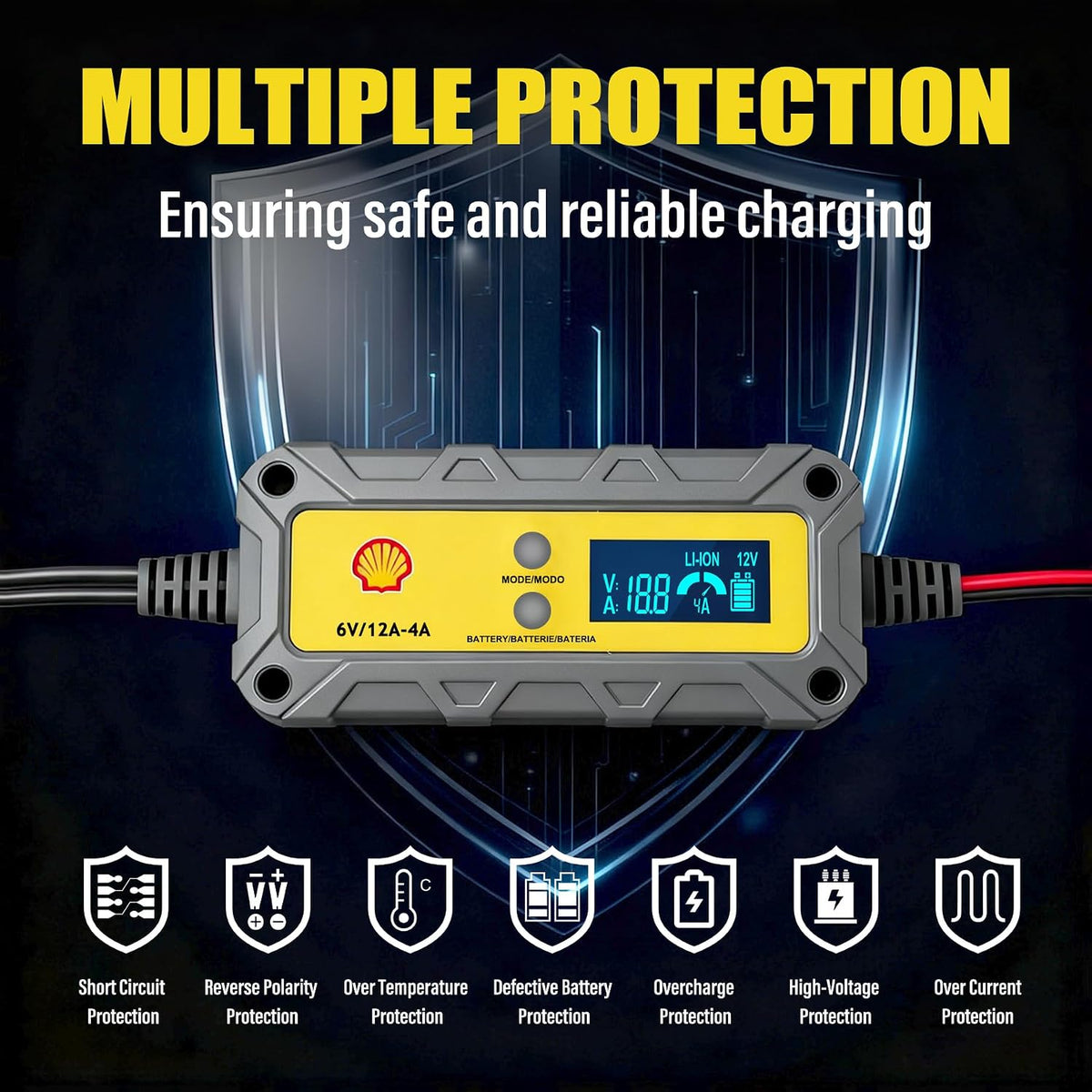 Shell Car Battery Charger 6V/12V- Smart Battery Charger 4A/1A with LCD Display, Automatic Lithium & Lead-Acid Trickle Charger Maintainer & Desulfator for Car Motorcycle Lawn Mower Boat Deep Cycle