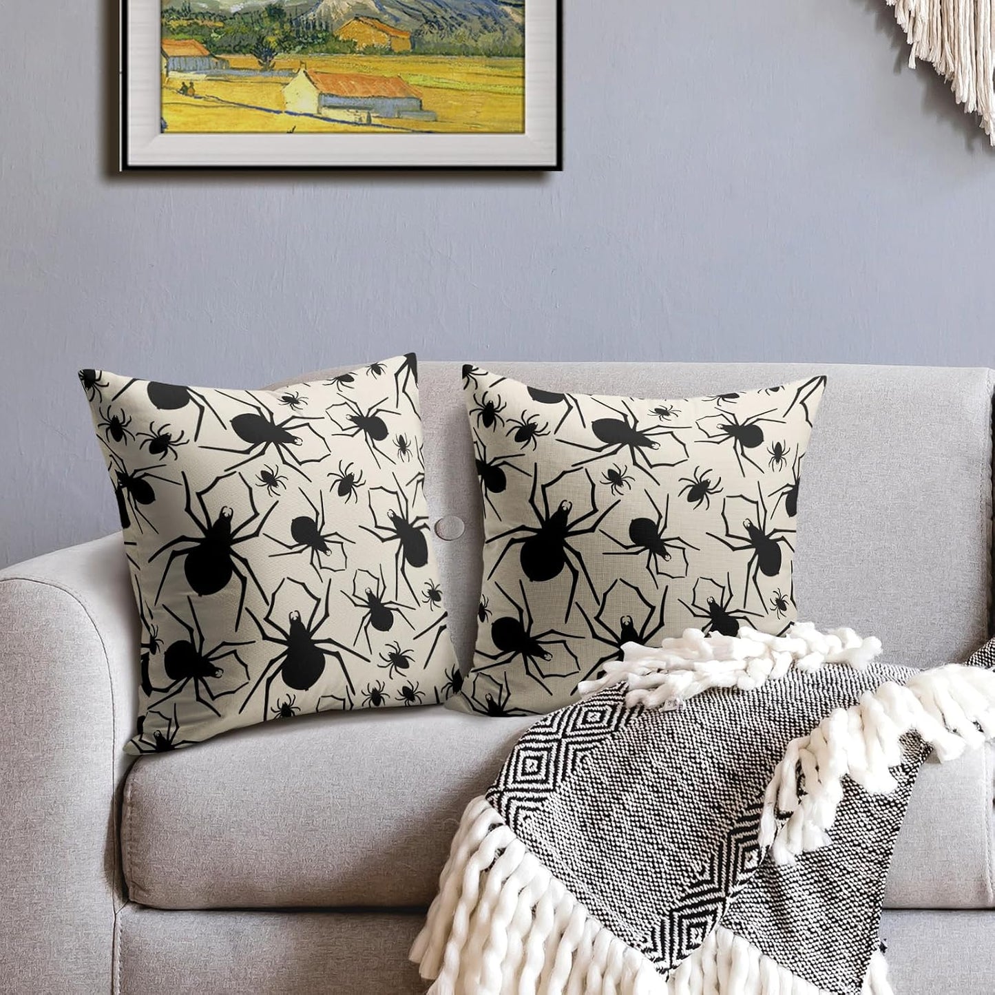 Robvobe Cream Halloween Pillow Covers 18x18 Set of 2 Black Spider Print Outdoor Decorative Throw Pillows Holiday Scary Themed Farmhouse Pillowcases Linen Cushion Case Decor for Home Sofa Couch Bed