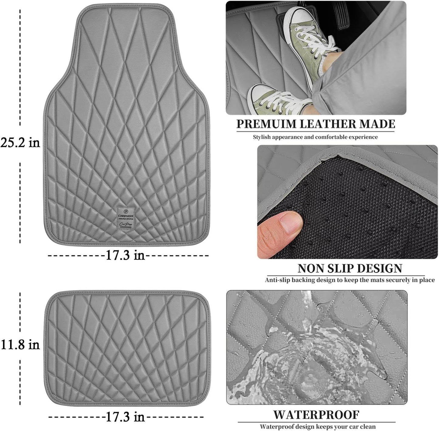 CAR PASS Luxury Faux Leather Floor Mats for Cars, Waterproof All Weather Car Mats Full Set, Anti-Slip Deluxe Automotive Floor Mats Universal Fit for Most SUV,Vans,Sedans,Trucks, 4 Piece Gray