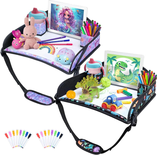 2Pcs Kids Travel Tray for Toddler Carseat, Road Trip Activities Essentials for Toddler, Kids Lap Desk Tray with Tablet Holder Stand ＆ Dry Erase Board (Dinosaur & Mermaid)