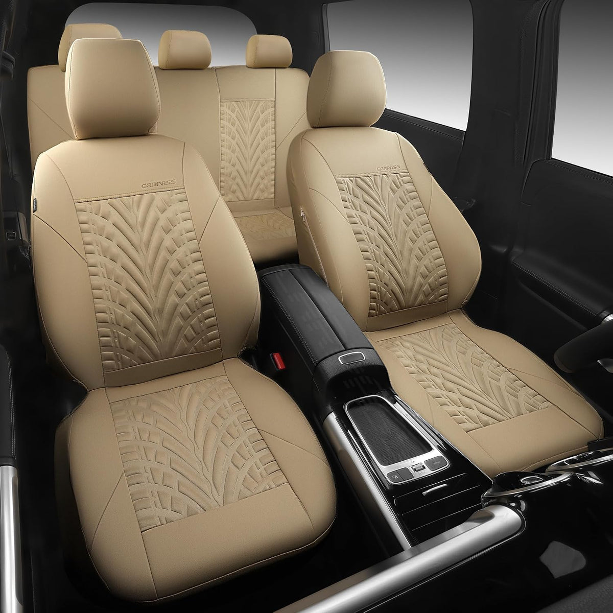 CAR PASS Neoprene Waterproof Seat Covers Full Sets, Wetsuit Car Seat Covers 5 Seats Universal Fit for Vans, Truck, SUV, 3D Tyre Embossed Seat Covers Anti Slip with Armrests, Aibag Compatible All Beige