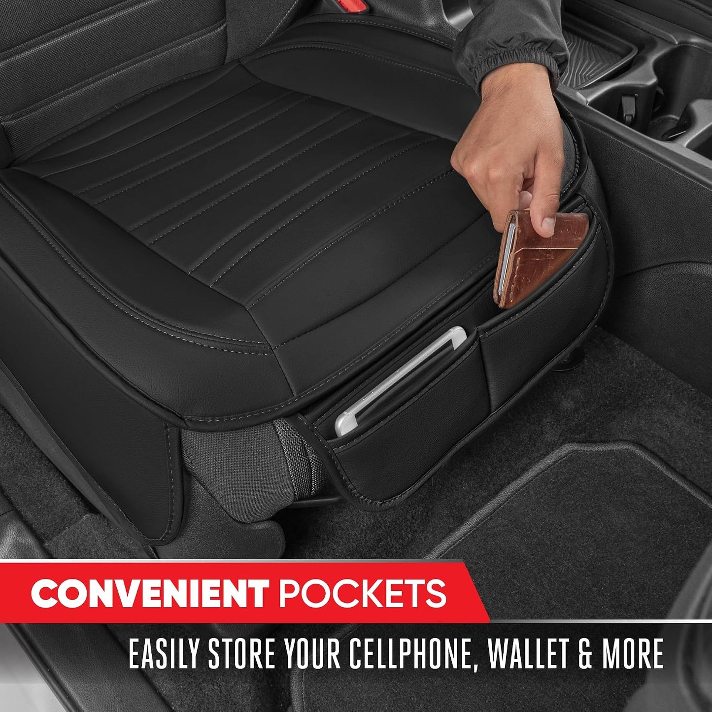 Motor Trend Seat Covers for Cars Trucks SUV, Faux Leather 2-Pack Black Padded with Storage Pockets, Premium Interior Car Seat Cover