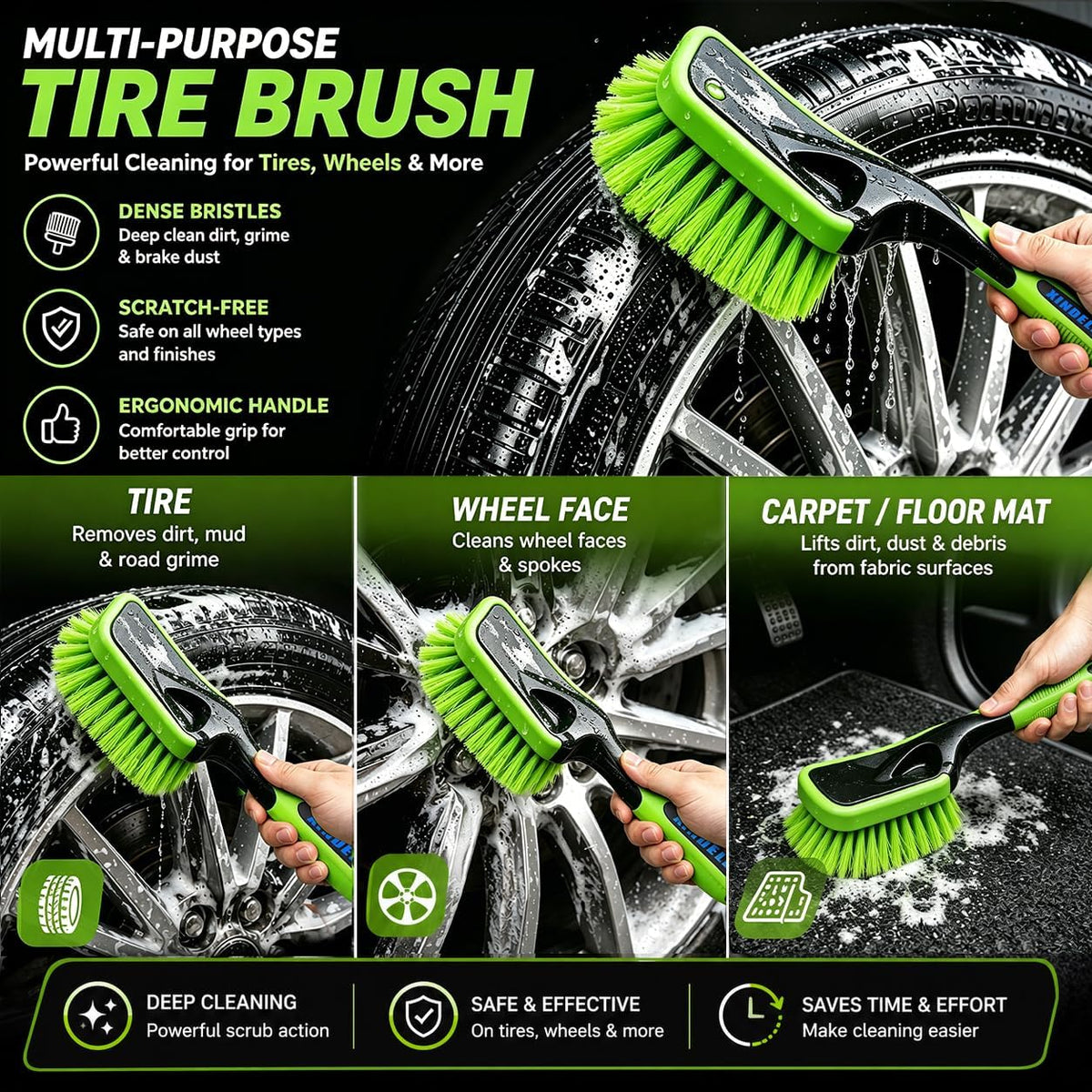 XINDELL Wheel & Tire Cleaning Kit, Deep-Reach Wheel Brush Set for Rims, Spokes, Lug Nuts and Tire Sidewalls, Scratch-Safe Car Detailing Tools with Covered Tire Shine Applicator