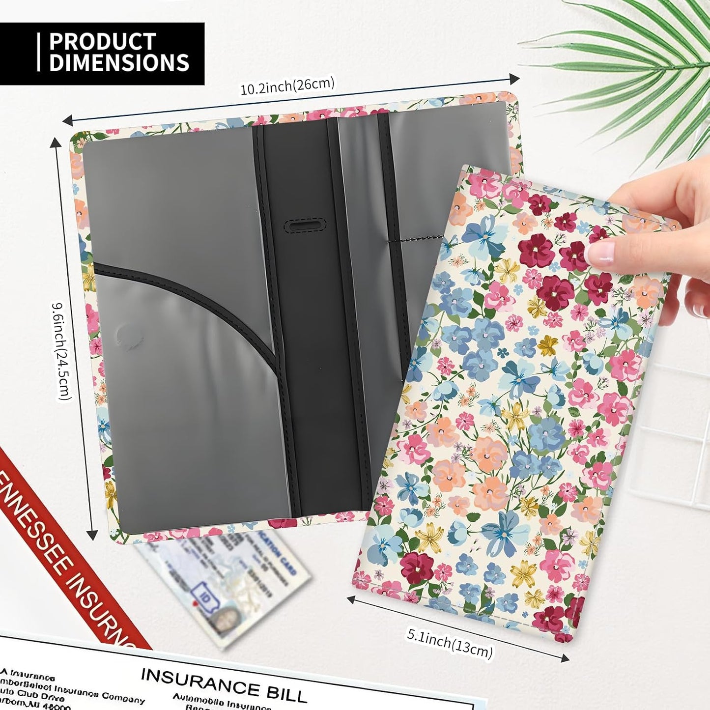 Leather Car Registration and Insurance Card Holder, Cute Car Accessories Vehicle Glove Box Car Organizer for Documents, Cards, License Colorful Cute Flowers