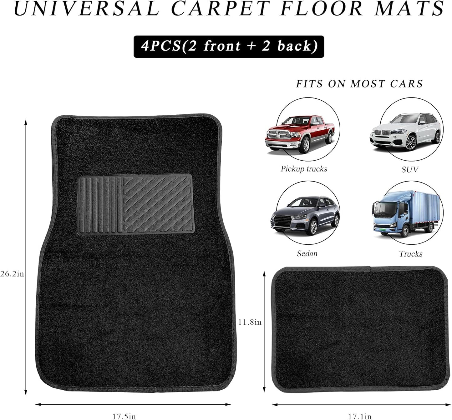 4PCS Car Floor Mats, Anti-Slip Waterproof Car Carpets with Safety Heel Pad, Heavy Duty Floor Mat for All Weather Protection, Universal Trim to Fit for Sedans Trucks SUVs (Black)