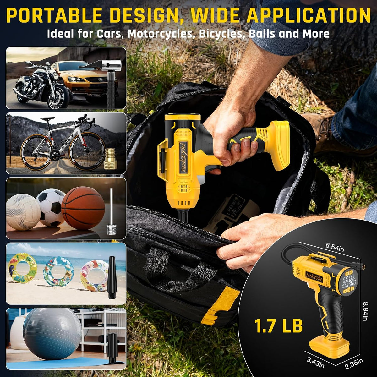 Portable Tire Inflator Air Compressor Compatible with Dewalt 20V Battery, DC 12V Car Power Supply, 160PSI Cordless Air Pump with LCD Pressure Gauge, LED Light, 5 Preset Modes for Car, Bike, Ball