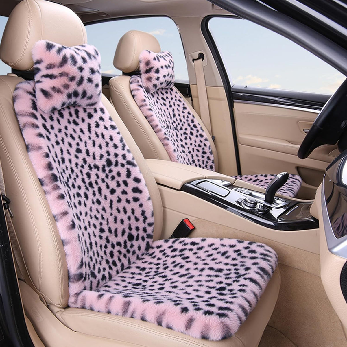 6PC Plush Leopard Car Front Seat Cover for Women, Non-Slip Automotive Seat Covers with 2 Neck Pillows, Universal Fit for Car Truck SUV Interior Cover, Fluffy Car Seat Cushion, Purple